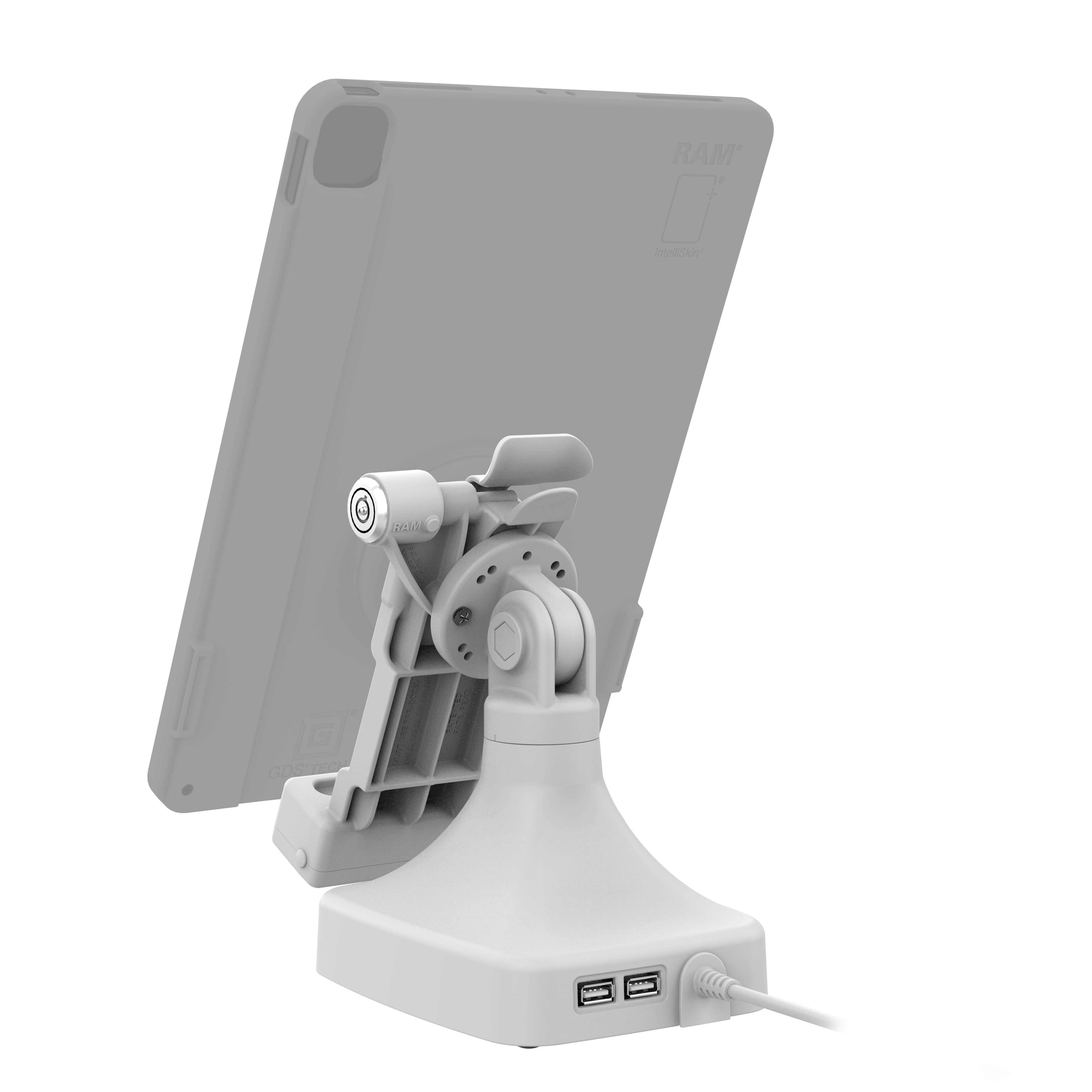 GDS® Uni Conn™ Locking Tilt & Swivel Dock with PoE + Data - Gray (RAM GDS DOCKLR D14 U1E 2A GRY) - Secure Mounting Solution for Tablets, POS Systems & Industrial Displays in Harsh Environments