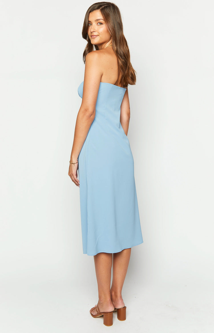 Dion Blue Strapless Midi Dress for Women - Elegant Bodycon Party Dress for Evening, Wedding Guest & Cocktail Events