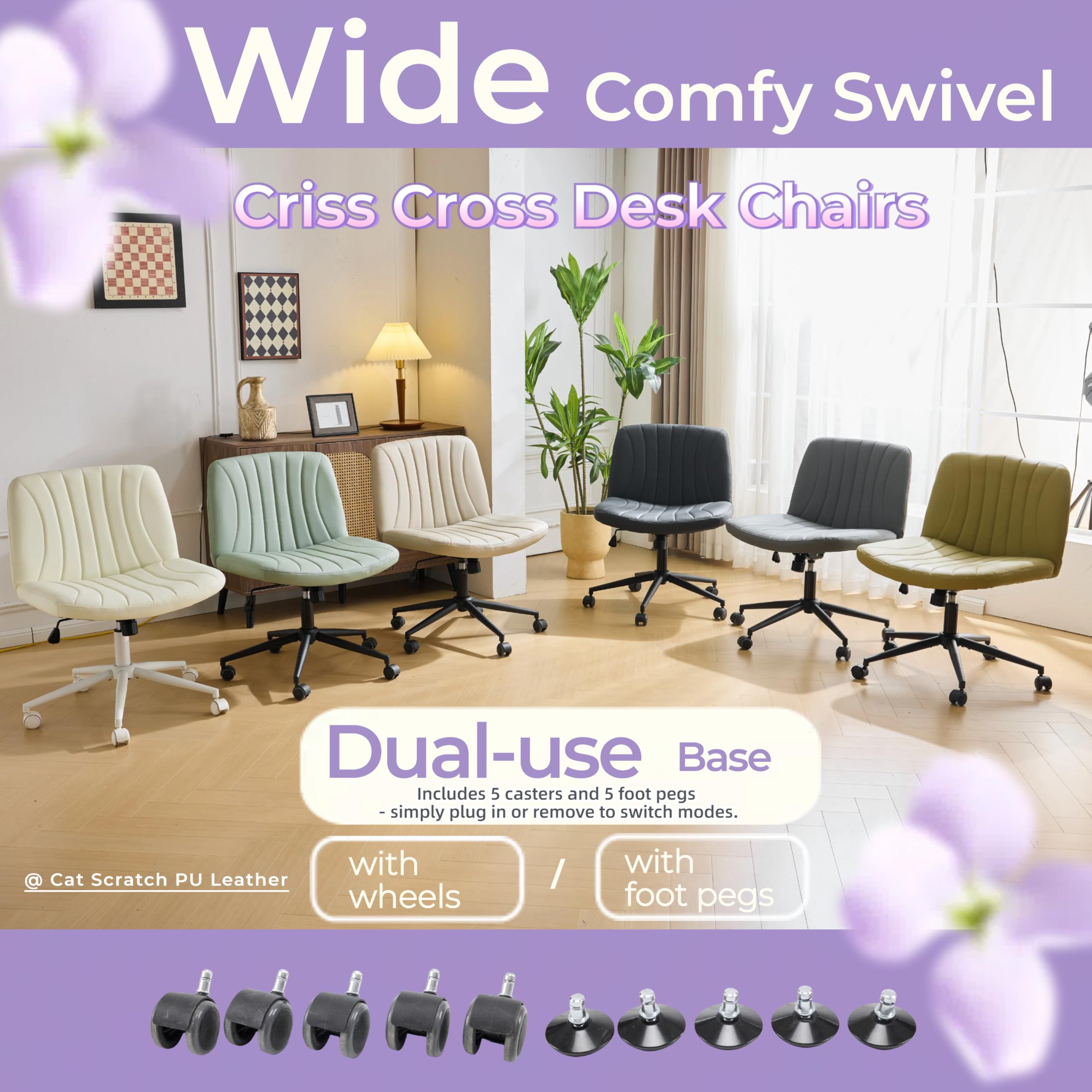 VINGLI Criss Cross Legged Office Chair - Wide Comfortable Computer Desk Chair with/without Wheels - Swivel Armless Rolling Task Chair for Home Office, Study, Makeup - Scratch-Resistant PU Leather in Grey - Perfect for Small Spaces & Cat Owners