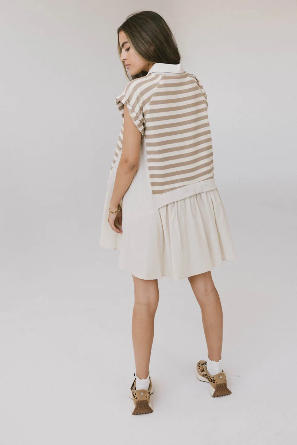Evan Collared Mini Dress in Taupe - Women's Vintage Style Short Sleeve A-Line Dress for Casual Wear, Office, Date Night & Special Occasions - FINAL SALE