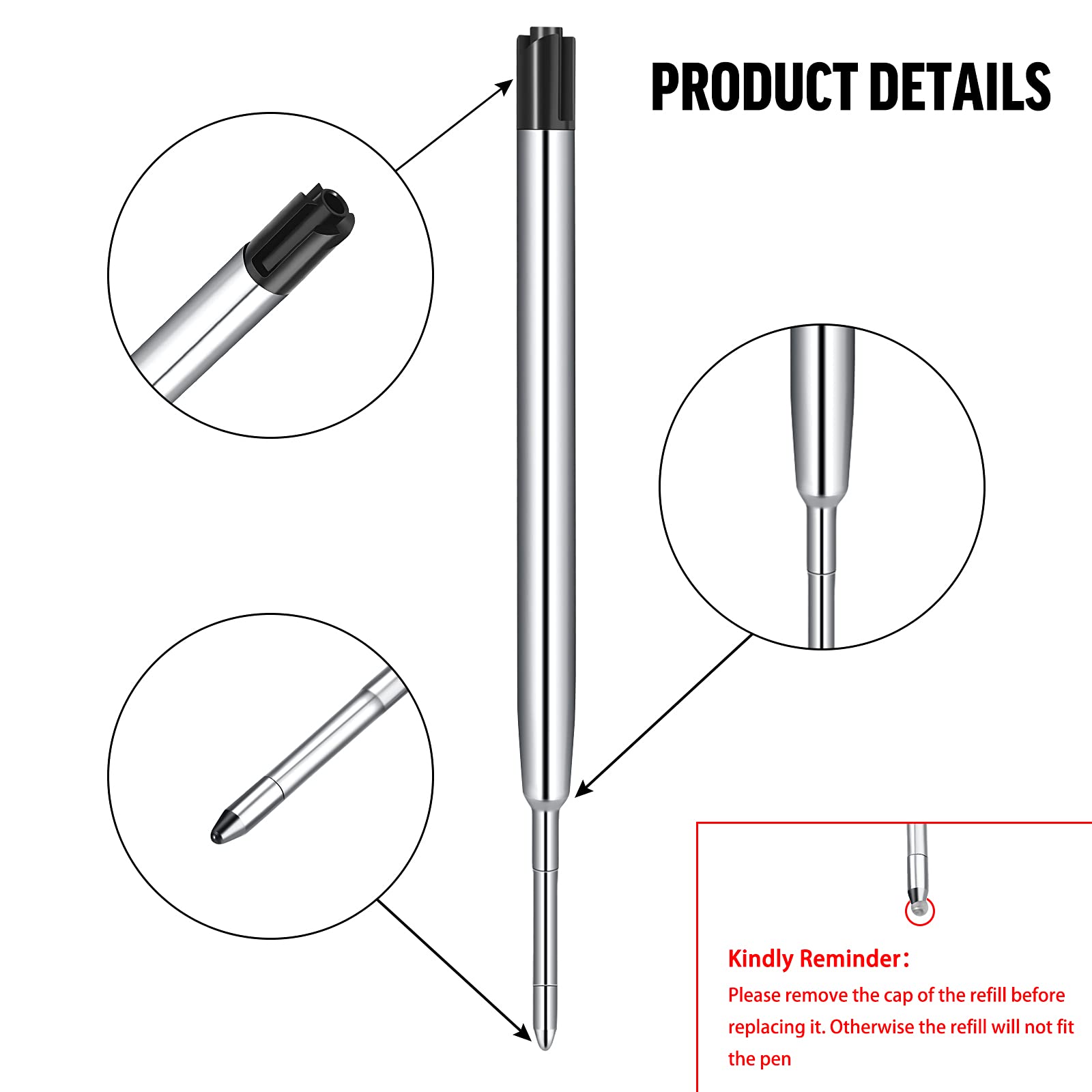 12 Pack Black Ink 1.0mm Medium Point Metal Ballpoint Pen Refills - Smooth Writing Replacement Refills for Retractable Pens - Perfect for School, Office & Everyday Use (Black)