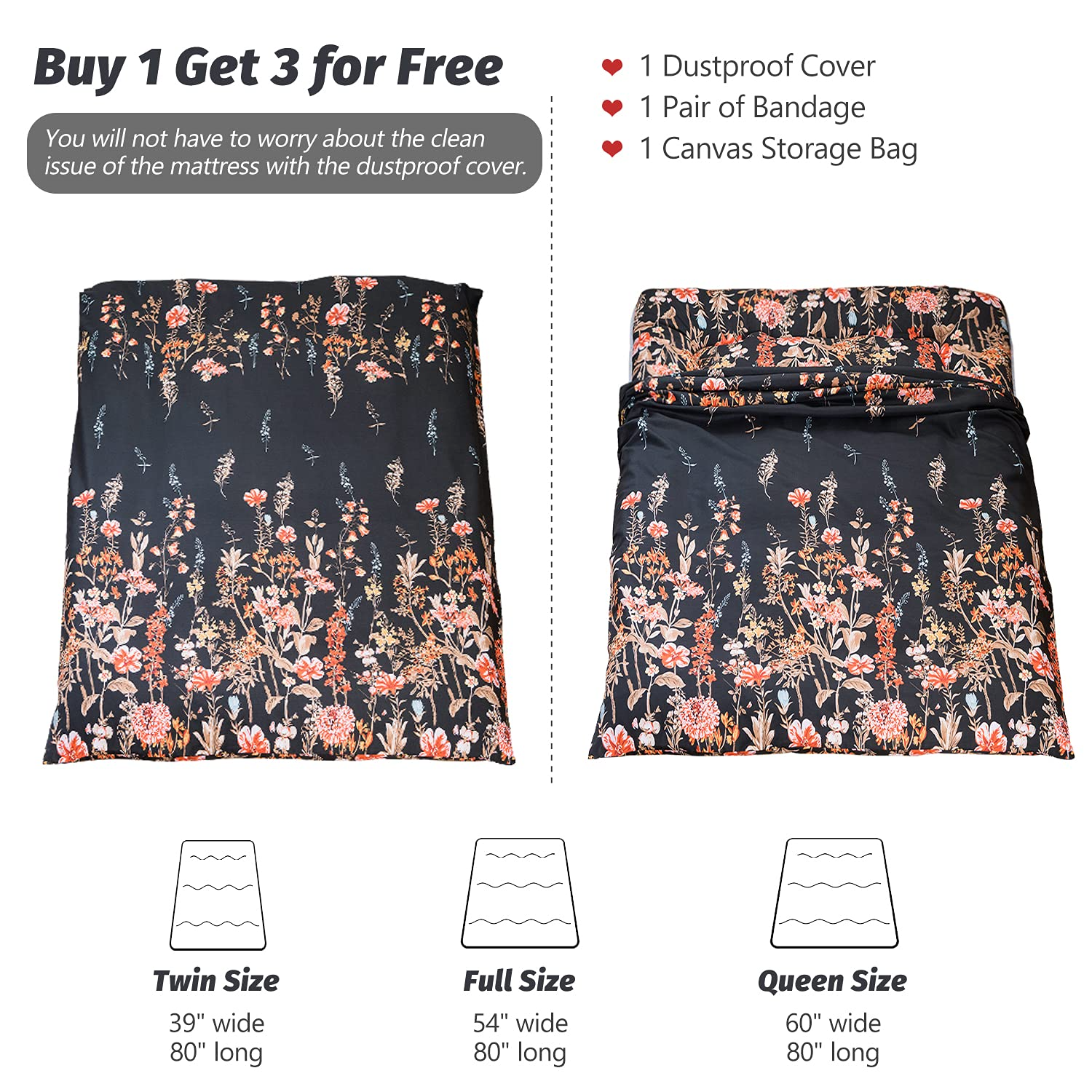 MAXYOYO Floor Mattress - Black Floral Printed Japanese Futon Mattress for Bedroom, Guest Room & Travel | Foldable Floor Sleeping Pad for Adults & Kids
