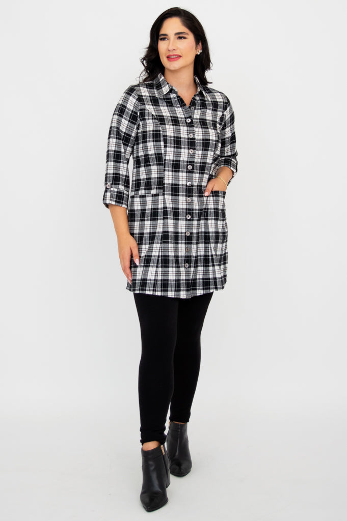 Larissa Tunic Top - Stylish Bobcat Plaid Cotton Blouse for Women | Perfect for Casual Outings, Office Wear & Fall Fashion