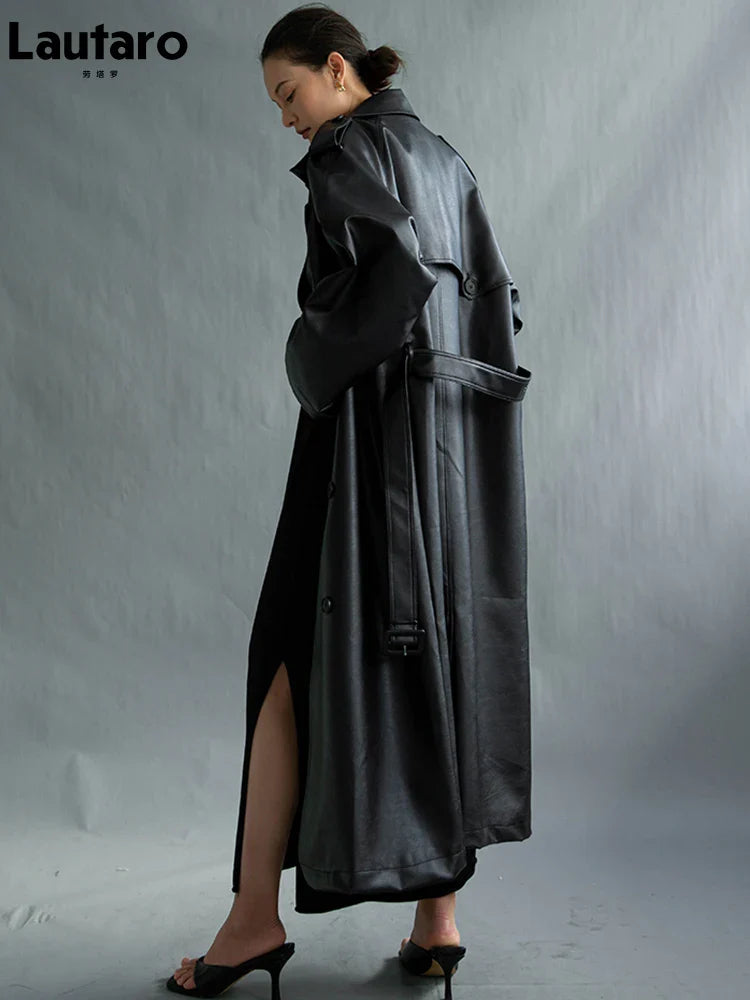 Women's Extra Long Oversized Black Faux Leather Trench Coat - Long Sleeve Belted Double Breasted Loose Fashion Coat for Fall/Winter | Perfect for Office, Date Night & Casual Outfits