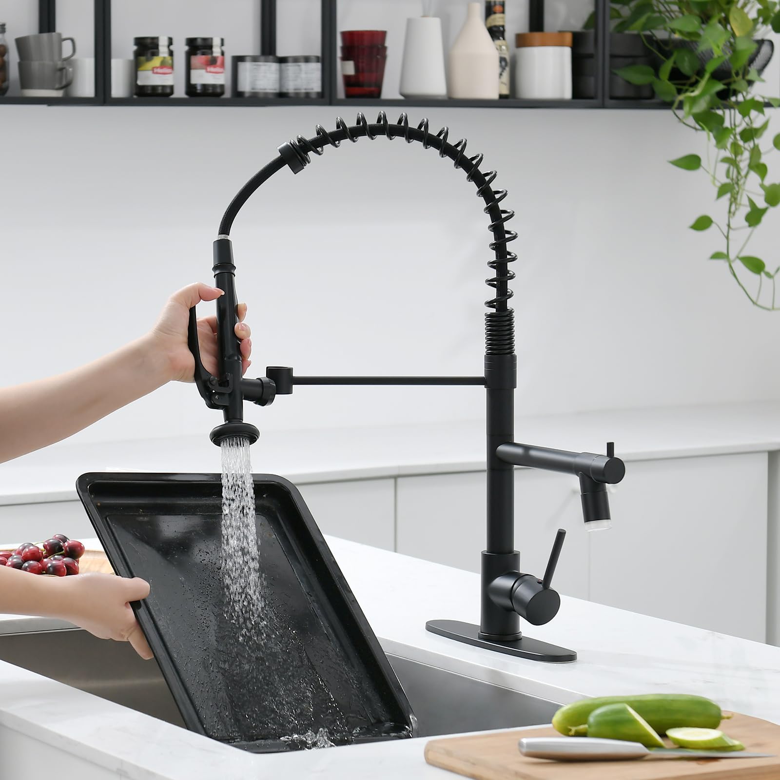 Fapully Commercial Matte Black LED Kitchen Faucet with Pull Down Sprayer and Deck Plate - High Arc Brushed Nickel Sink Faucet for Modern Home & Restaurant Use