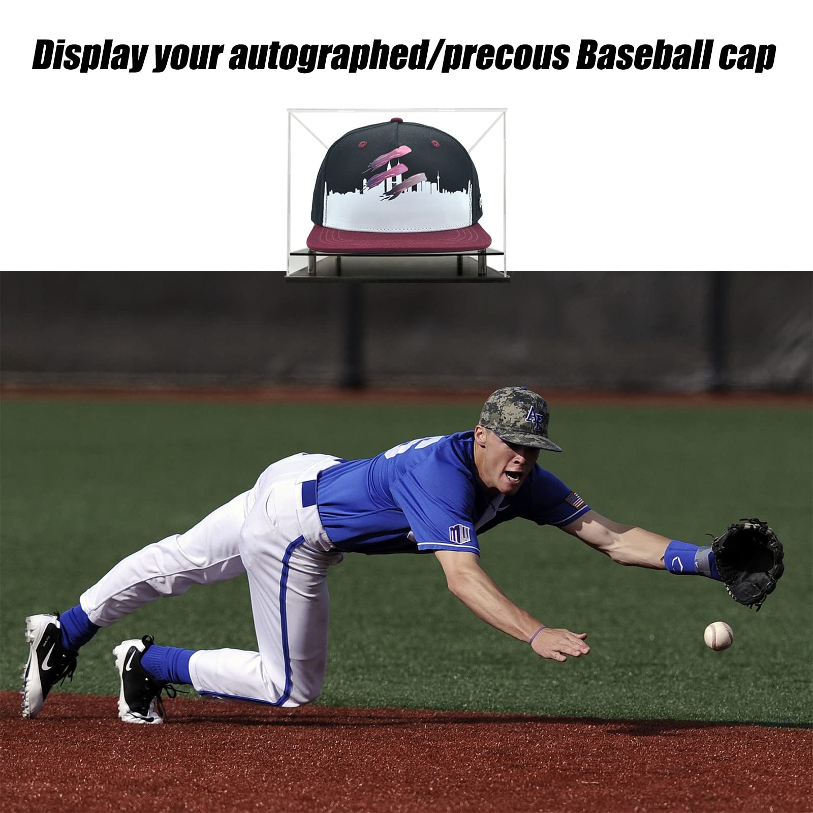Acrylic Baseball Cap Display Case with Metal Base - Clear Hat Holder Stand for Baseball, Football, Snapback Caps & Mini Helmets - Perfect for Collectors, Retail Stores & Home Decor