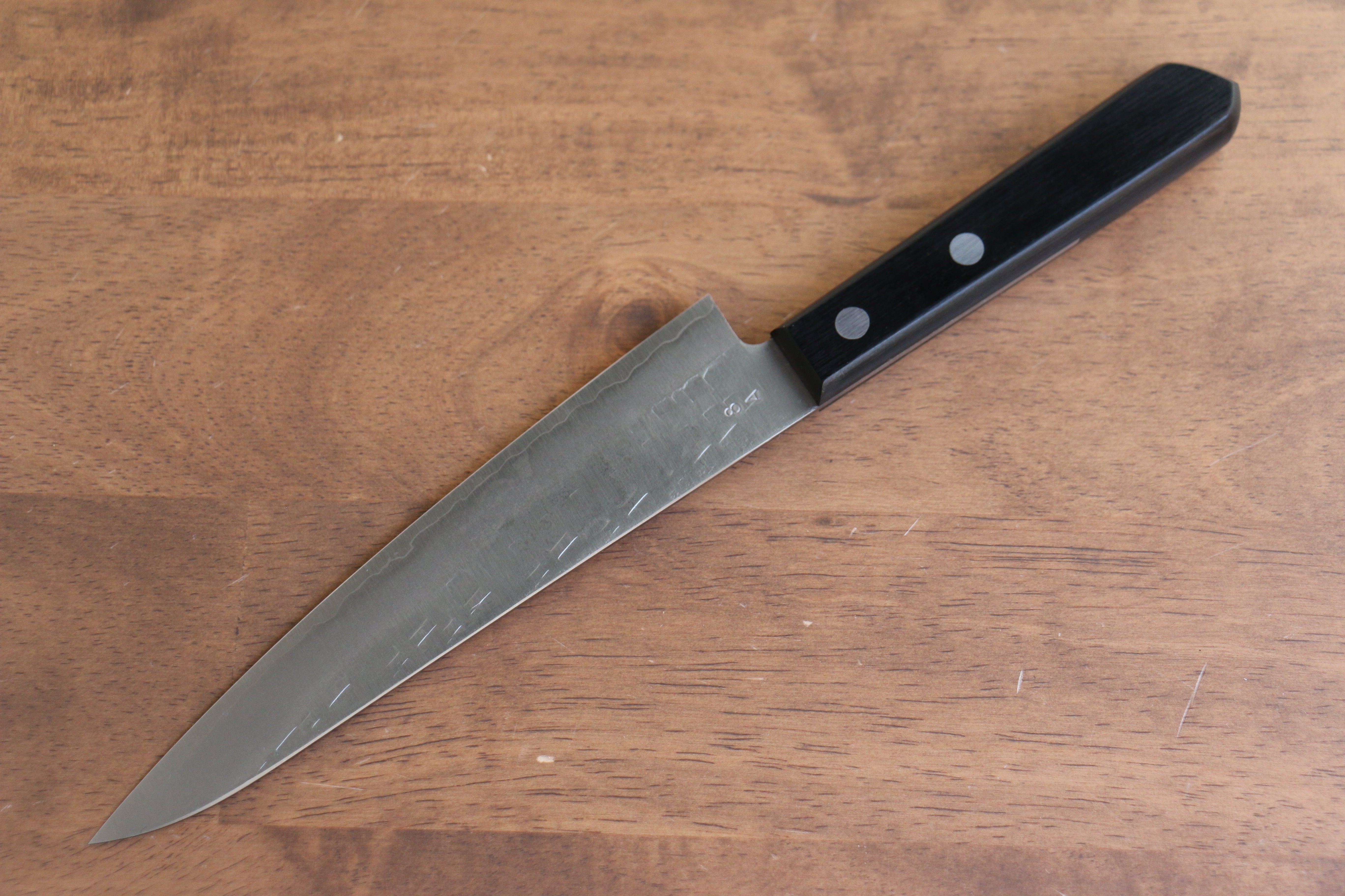Nao Yamamoto AUS8 Hammered Petty Utility Knife 160mm - Black Pakkawood Handle Japanese Chef Knife for Slicing, Chopping & Precision Kitchen Tasks