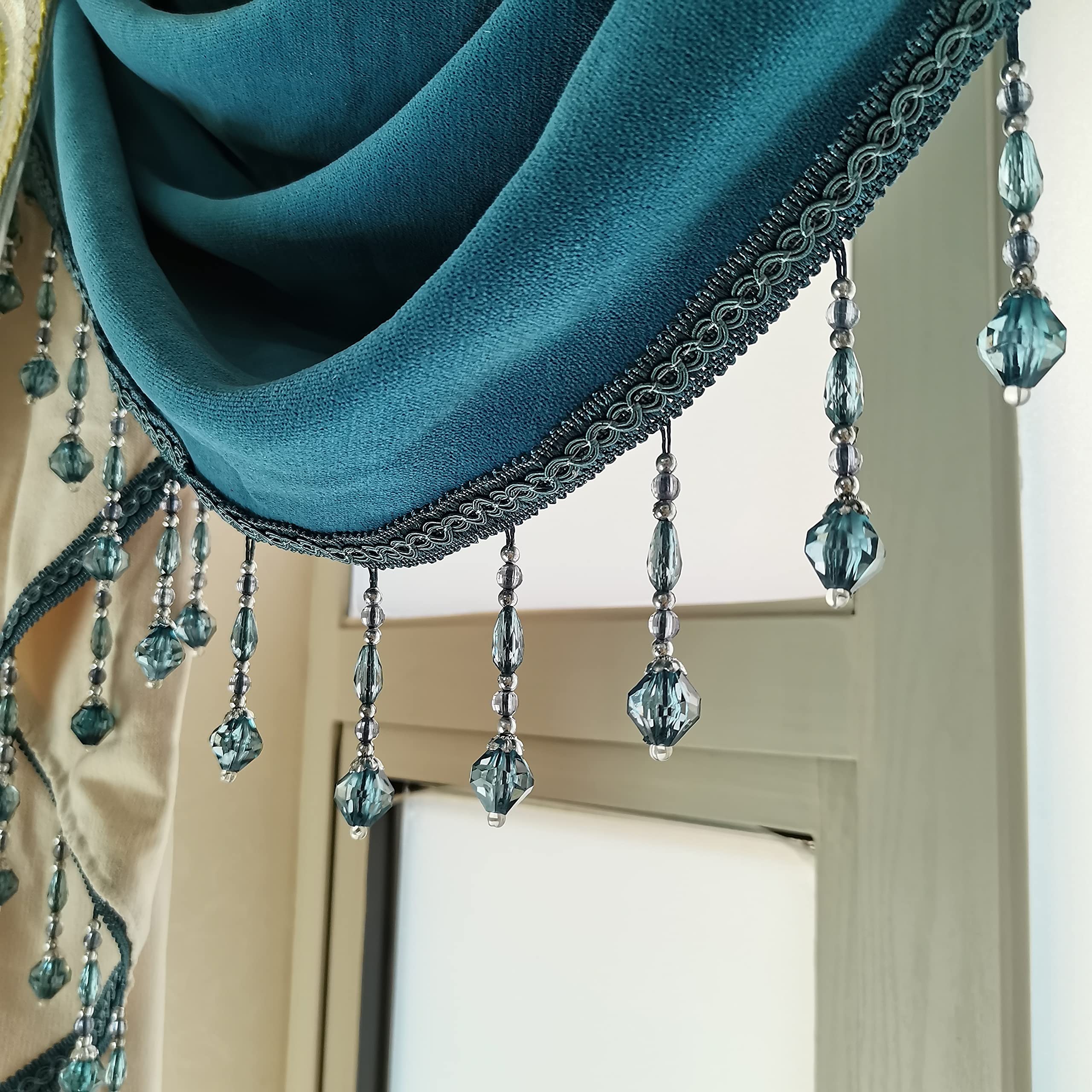 European Style Swag Waterfall Chenille Window Valance - Luxury Beige Kitchen & Bedroom Curtain with Custom Beads & Rod Pocket (1 Panel, 78 Inch) - Perfect for Living Room, Dining Room & Home Decor