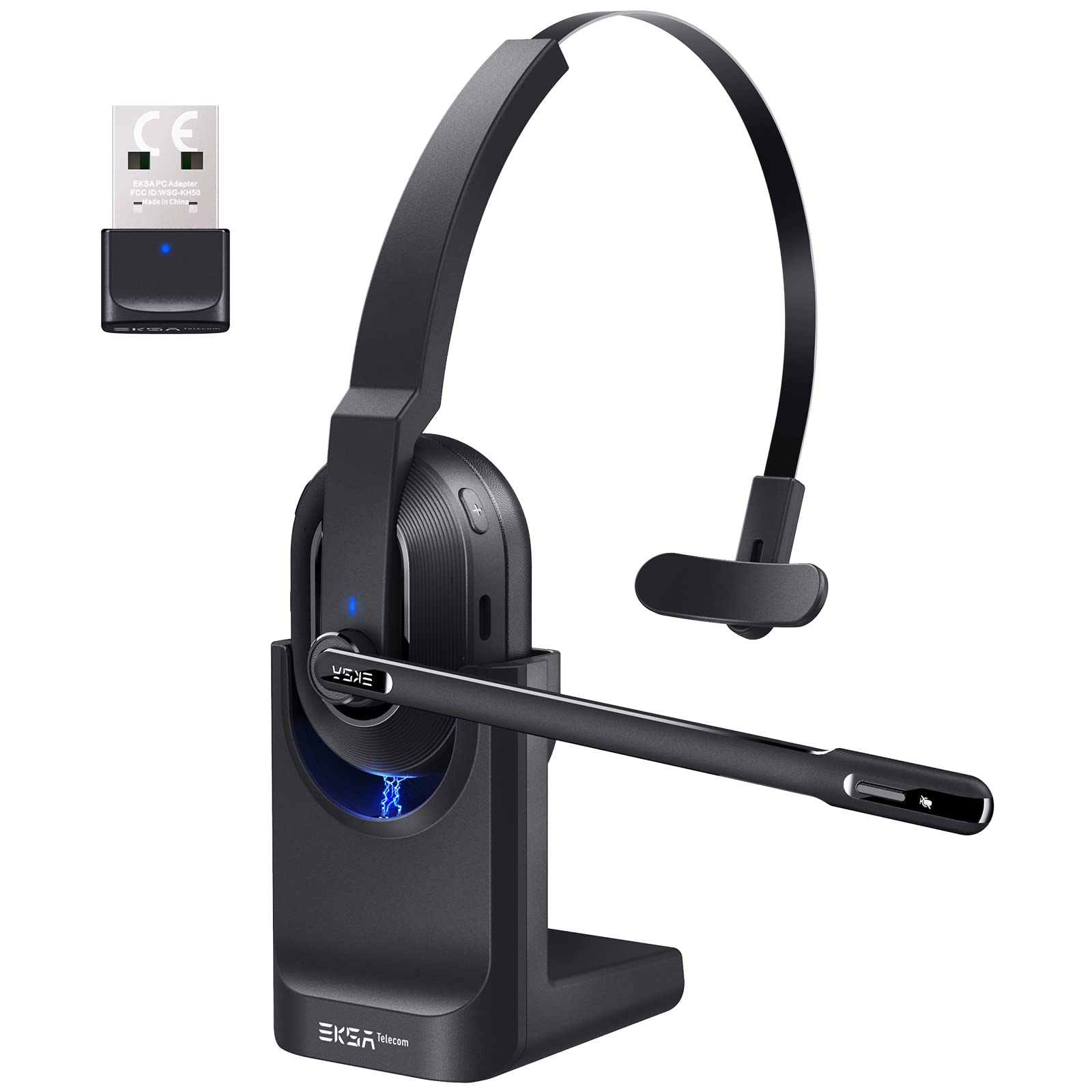 EKSA H5 Wireless Bluetooth Headset with Noise Cancelling AI Mic & USB Dongle - 45H Playtime, 10m Range, Charging Station - Mono PC Headset for Office, Call Center, Remote Work & Online Meetings