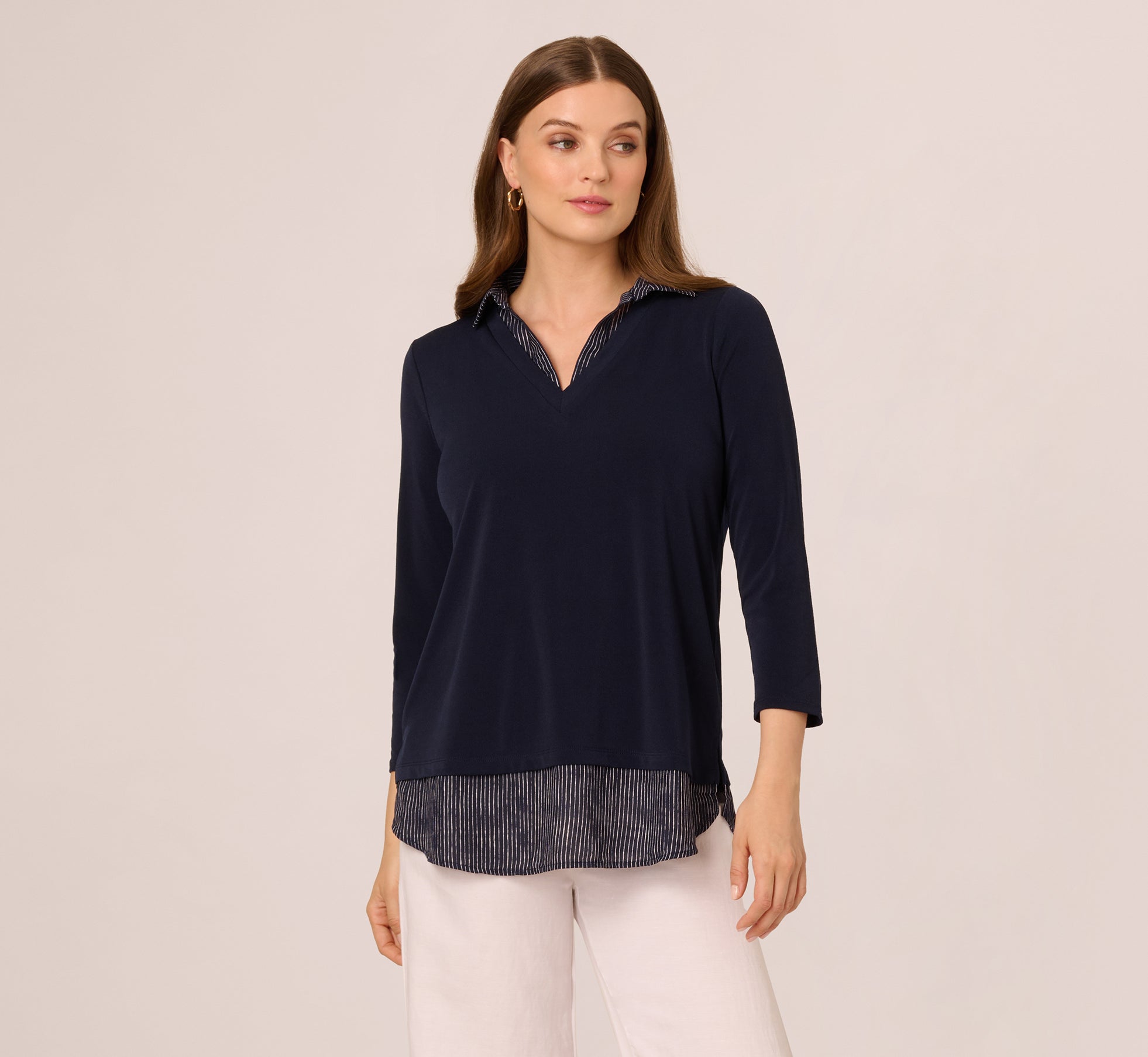 Navy & Ivory Striped Three-Quarter Sleeve Button-Down Sweater for Women | Casual Office Wear & Fall Layering Essential