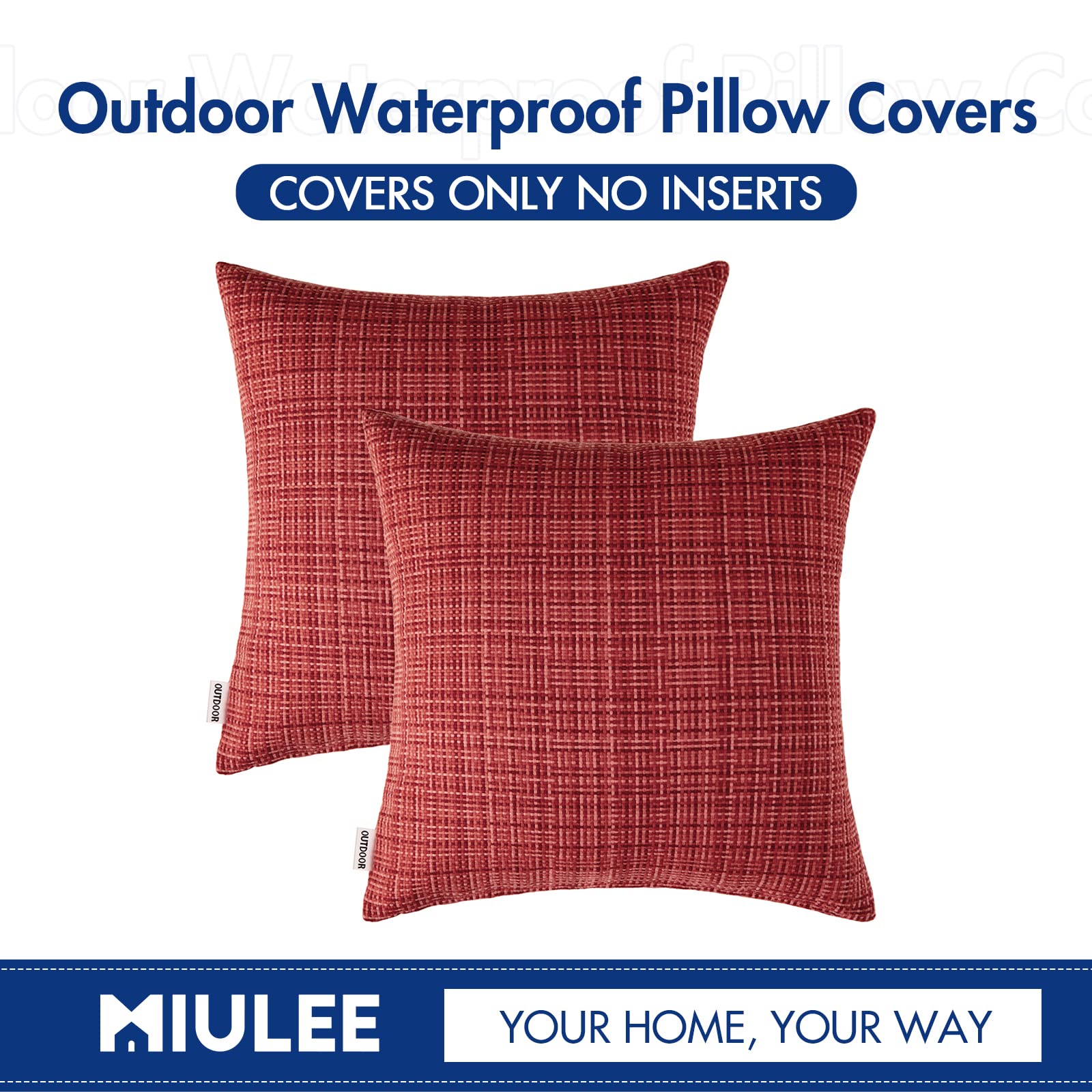 MIULEE Waterproof Outdoor Throw Pillow Covers - 18x18 Inch Farmhouse Decorative Cushion Covers for Patio, Garden, Tent, Sofa & Couch (Pack of 2, Red) - Perfect for Outdoor Furniture, Camping & Home Decor