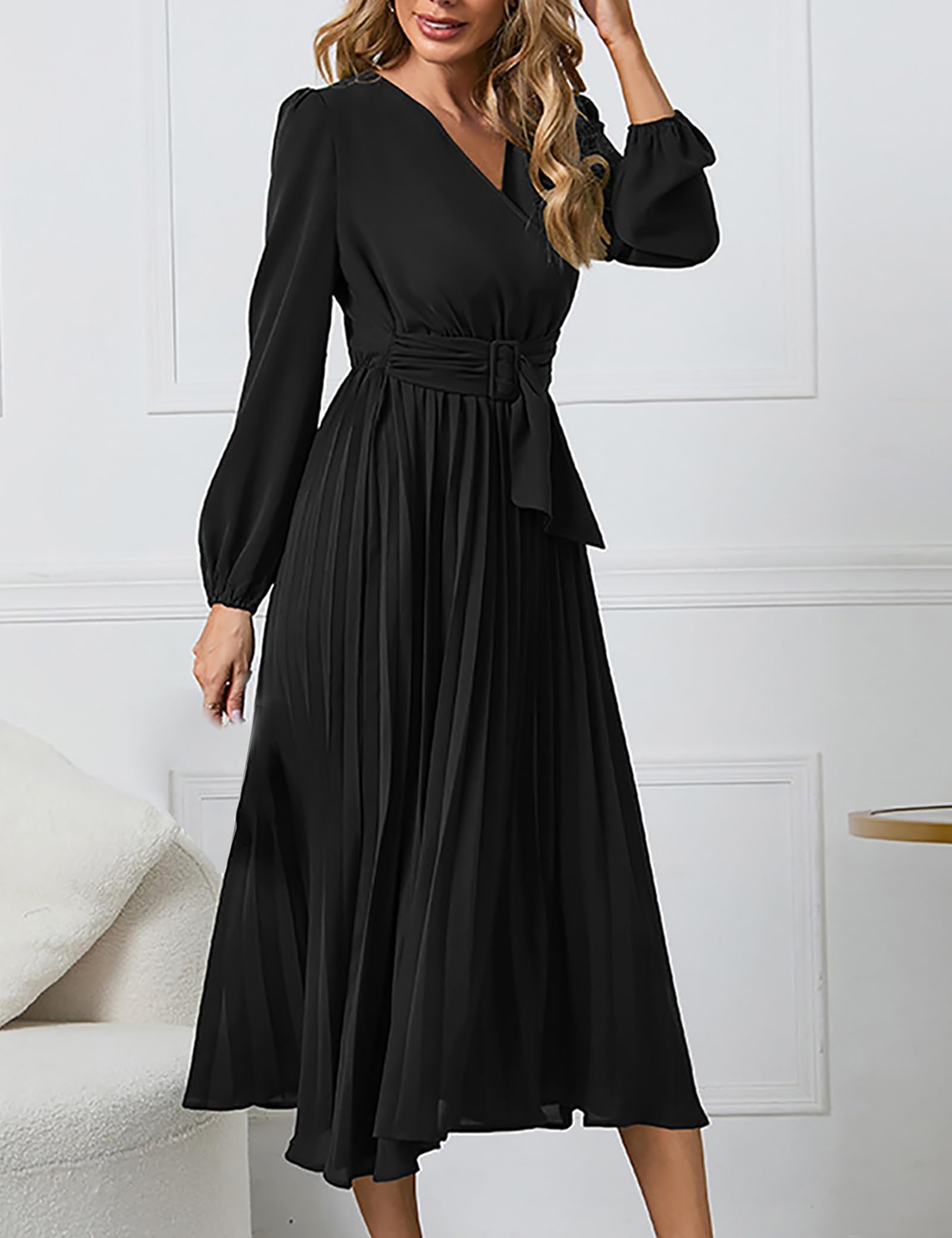 SDEER Women's Casual Midi Dress - V Neck Long Sleeve Pleated High Waist Flowy Dress for Wedding Guest, Party, Office & Everyday Wear