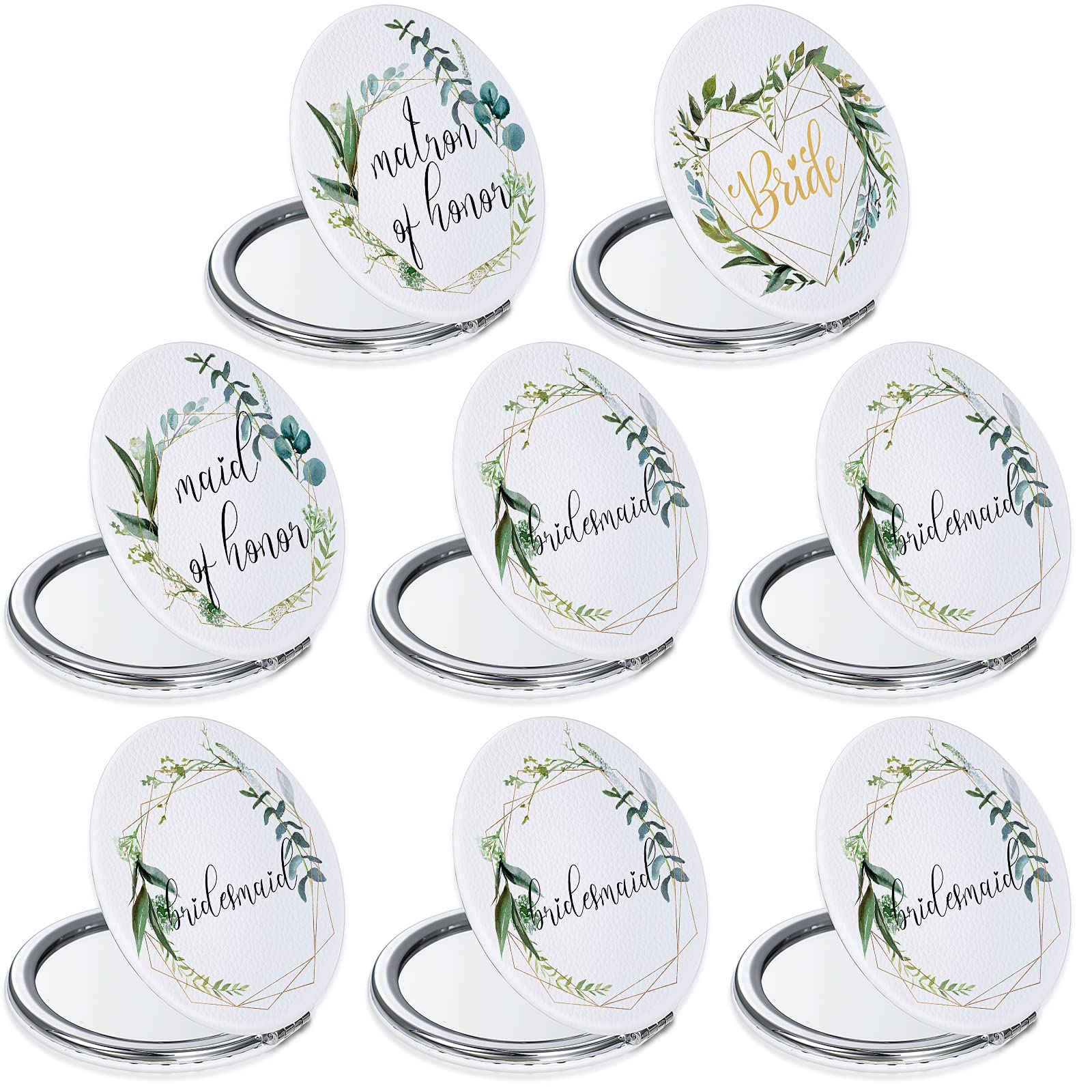 8 Pack Bridesmaid Proposal Gifts - Floral Round PU Leather Compact Makeup Mirrors for Women, Perfect for Bridal Shower, Wedding & Maid of Honor Gifts (Great for Travel & Touch-Ups)
