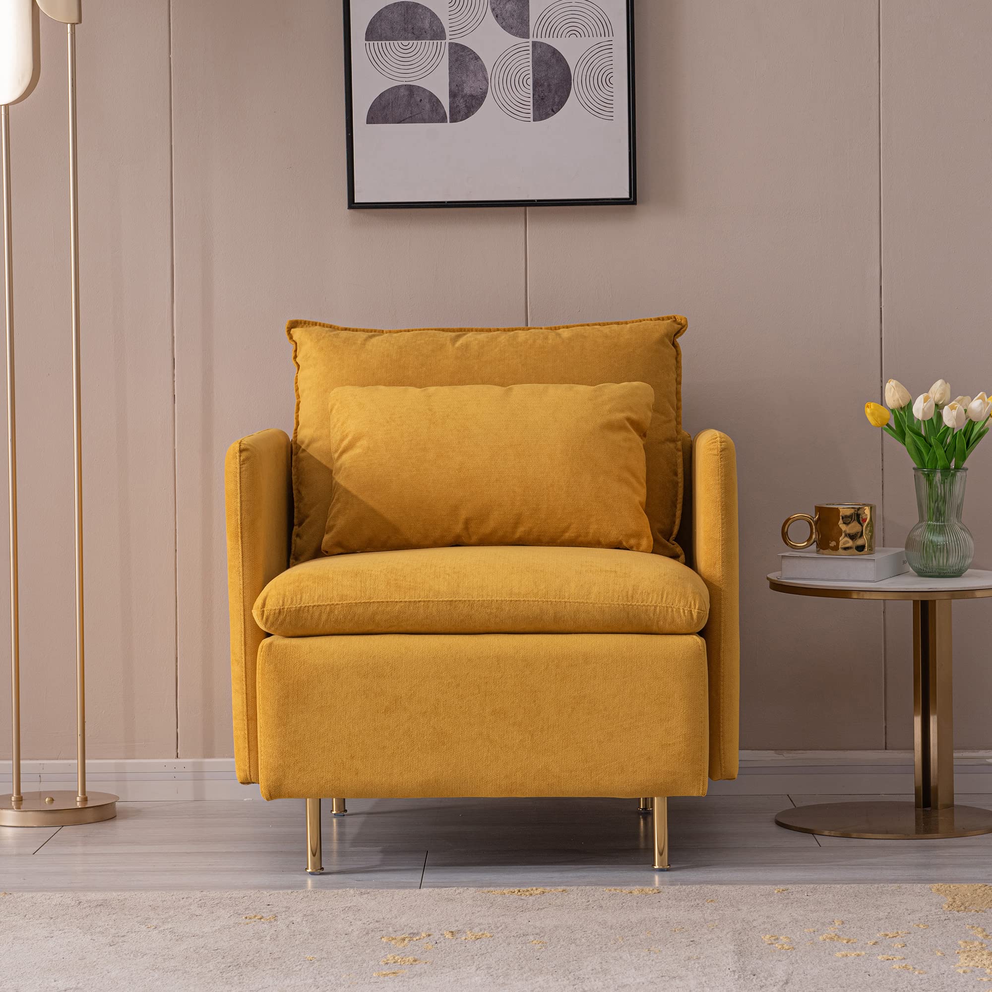 Kevinplus Modern Accent Chair - Mid-Century Armchair with Gold Metal Legs & Cotton Linen Fabric in Yellow | Comfortable Living Room, Bedroom Lounge Chair | Perfect for Reading Nook, Home Office, or Cozy Corner Decor