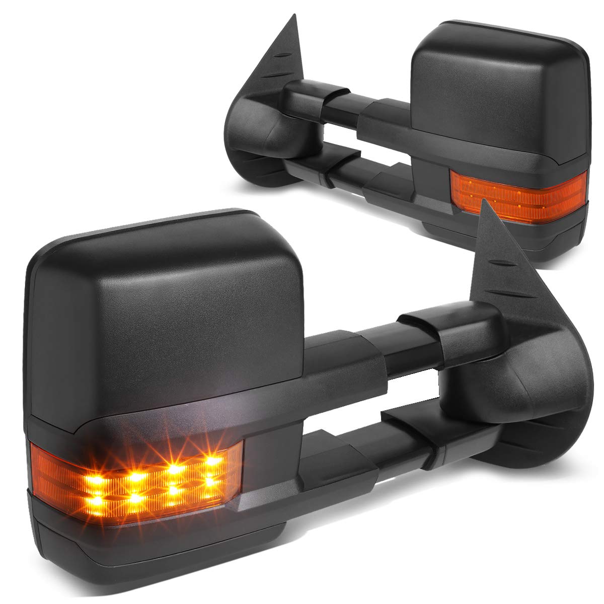 DNA MOTORING TWM-028-T888-BK-AM Black Manual Telescopic Power Adjustable Towing Mirrors with Amber LED Turn Signals & Heated Defrost | Compatible with 2007-2013 Chevy Silverado 1500/2500 HD | Perfect for Towing Trailers, Boats & Heavy Loads
