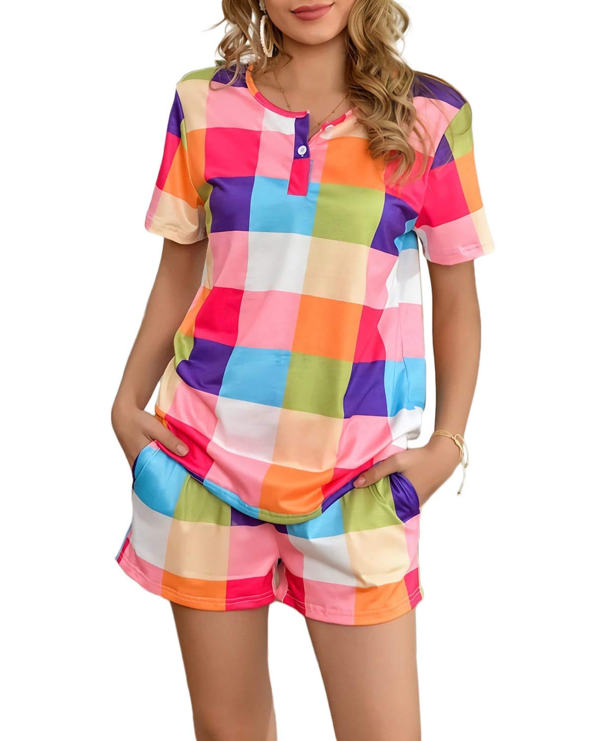 Women's Comfy Pajama Shorts Set - Cute Rainbow Plaid Print Sleepwear & Lounge Pajamas for Summer Nights, Sleepovers, and Relaxing at Home - Size L