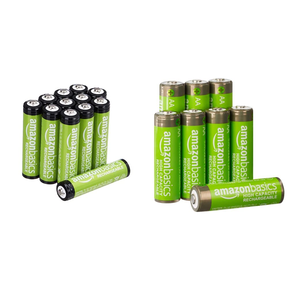Amazon Basics 12-Pack AAA Rechargeable Batteries 800mAh & 8-Pack AA Ni-MH High-Capacity 2400mAh Batteries - Pre-Charged for Cameras, Toys, Flashlights, and Electronics - Long-Lasting Power Solution