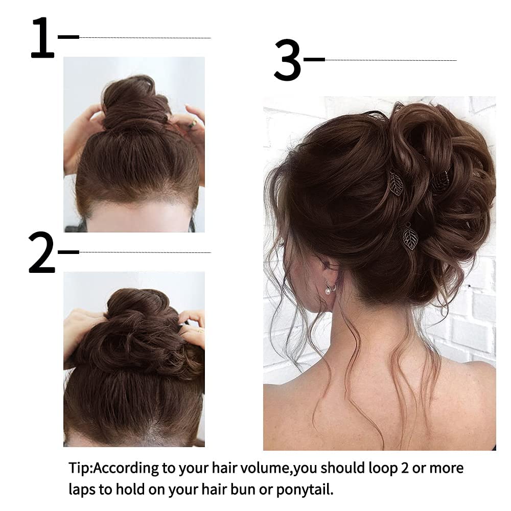 HOJI Messy Bun Hair Piece - 1PCS Tousled Updo Hair Extension | Curly Wavy Ponytail Hairpieces for Women & Girls | Synthetic Hair Scrunchies with Elastic Band (Brown) | Perfect for Parties, Weddings & Everyday Styling