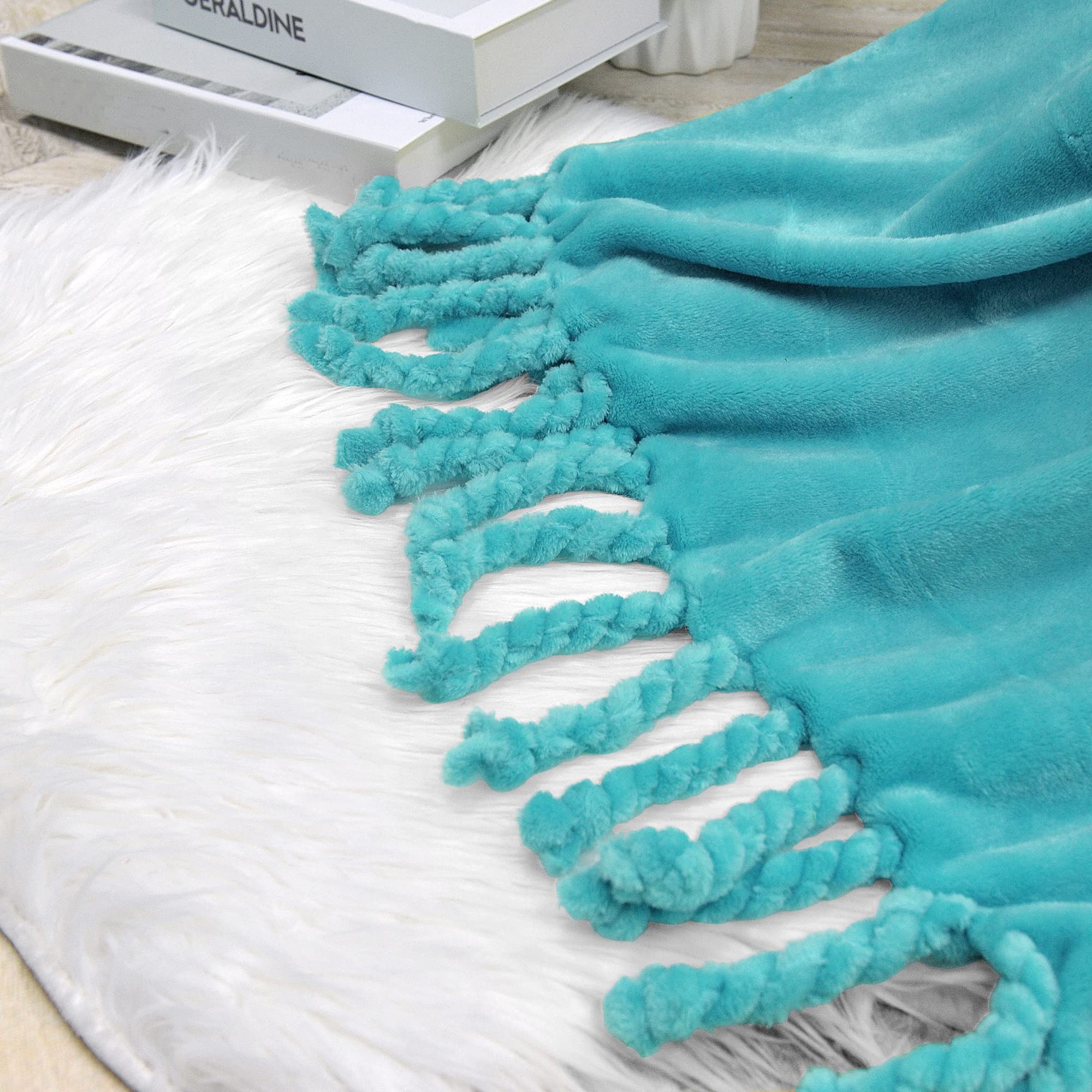 Cozy Flannel Fleece Throw Blanket with Braided Rope Fringe Tassels - Ultra Soft Plush Warm Blanket for Couch, Sofa, Bed & Chair - 50x60 Inch Blue Home Decor - Perfect for Lounging, Movie Nights & Winter Comfort