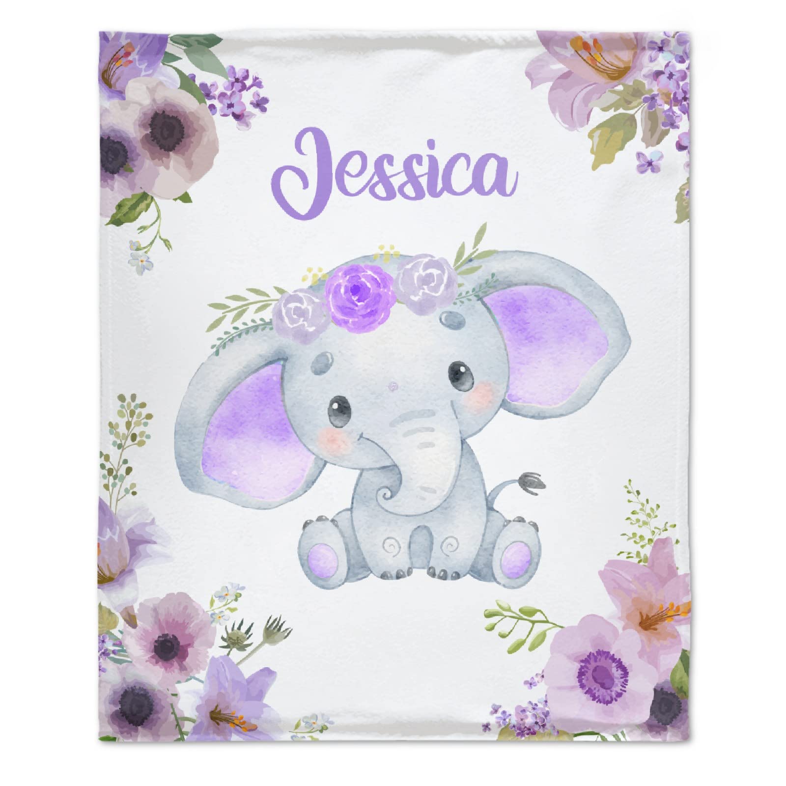 Personalized Custom Baby Blanket with Name - Purple Floral Elephant Design - Soft Fleece Flannel Blanket for Boys & Girls - Perfect Baby Shower Gift, Birthday Present for Daughter - Extra Large 120
