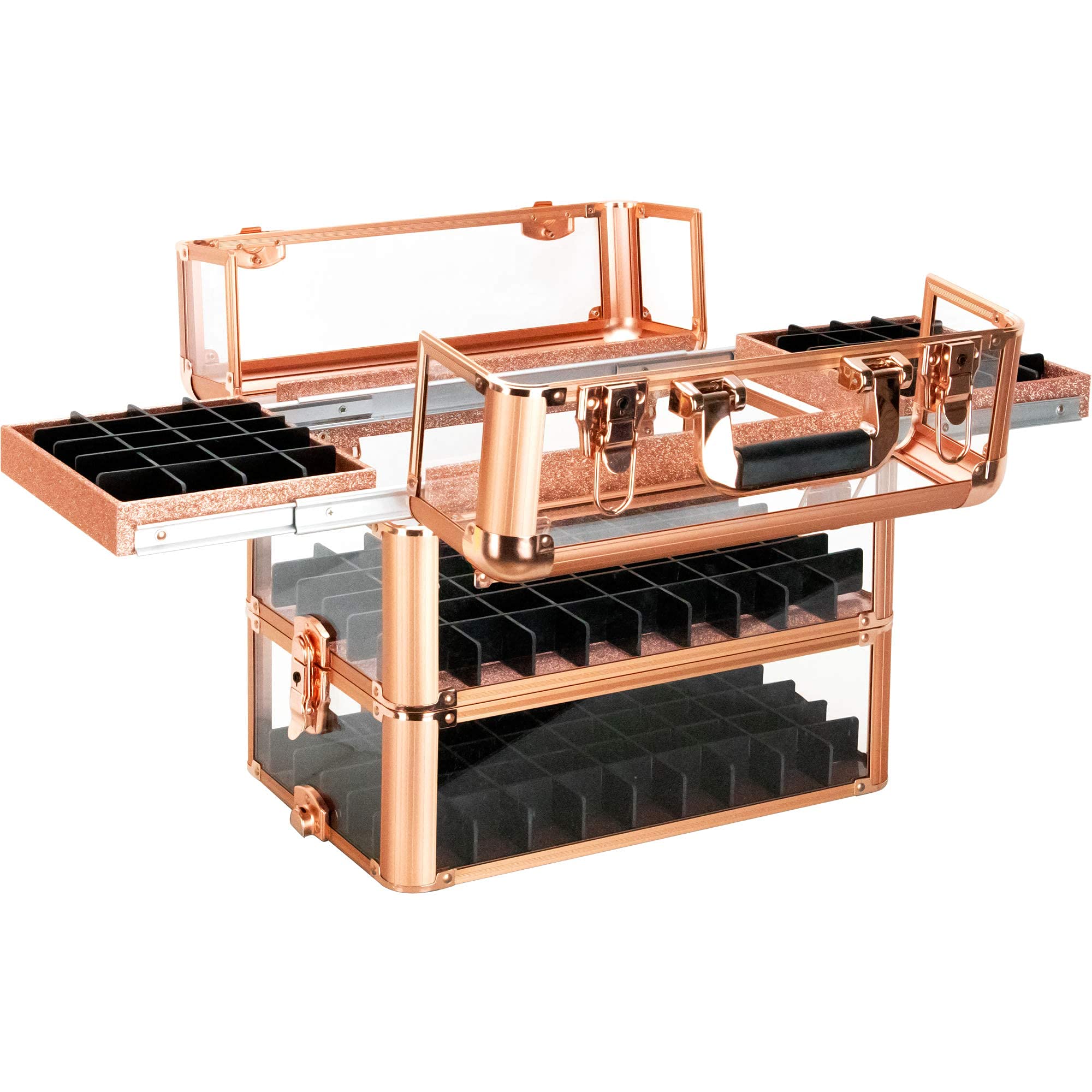 VER Beauty Acrylic Nail Polish Organizer Case (Rose Gold) - 3-Tier Makeup Organizer Trolley with Lockable Drawers & Extra Bottom Trays | Portable Nail Art Storage for Salon, Home & Travel | Professional Cosmetic Display Case for Nail Technicians