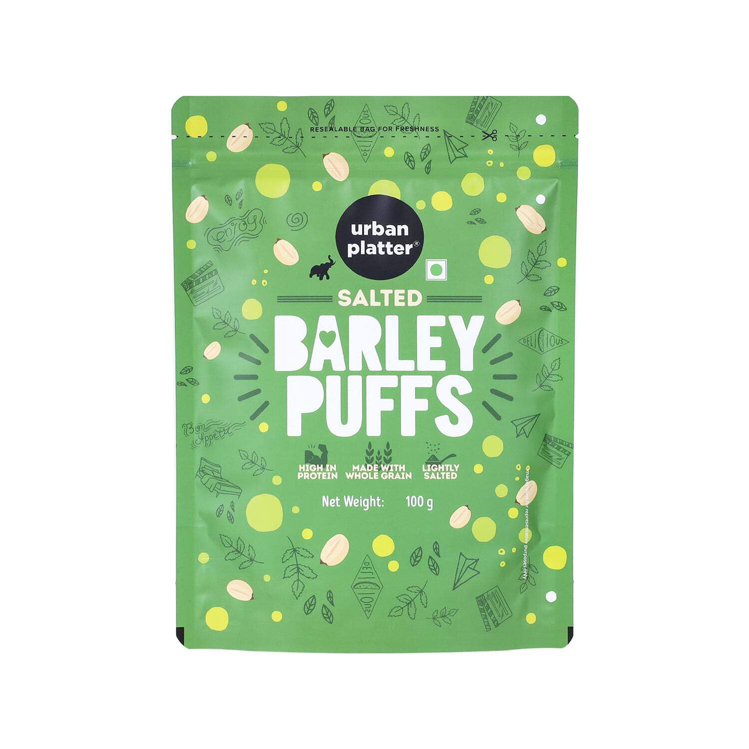 Urban Platter Barley Puff Snacks - 100g | Lightly Salted, High Protein, Whole Grain, Low Fat | Healthy On-the-Go Snack for Work, School & Travel