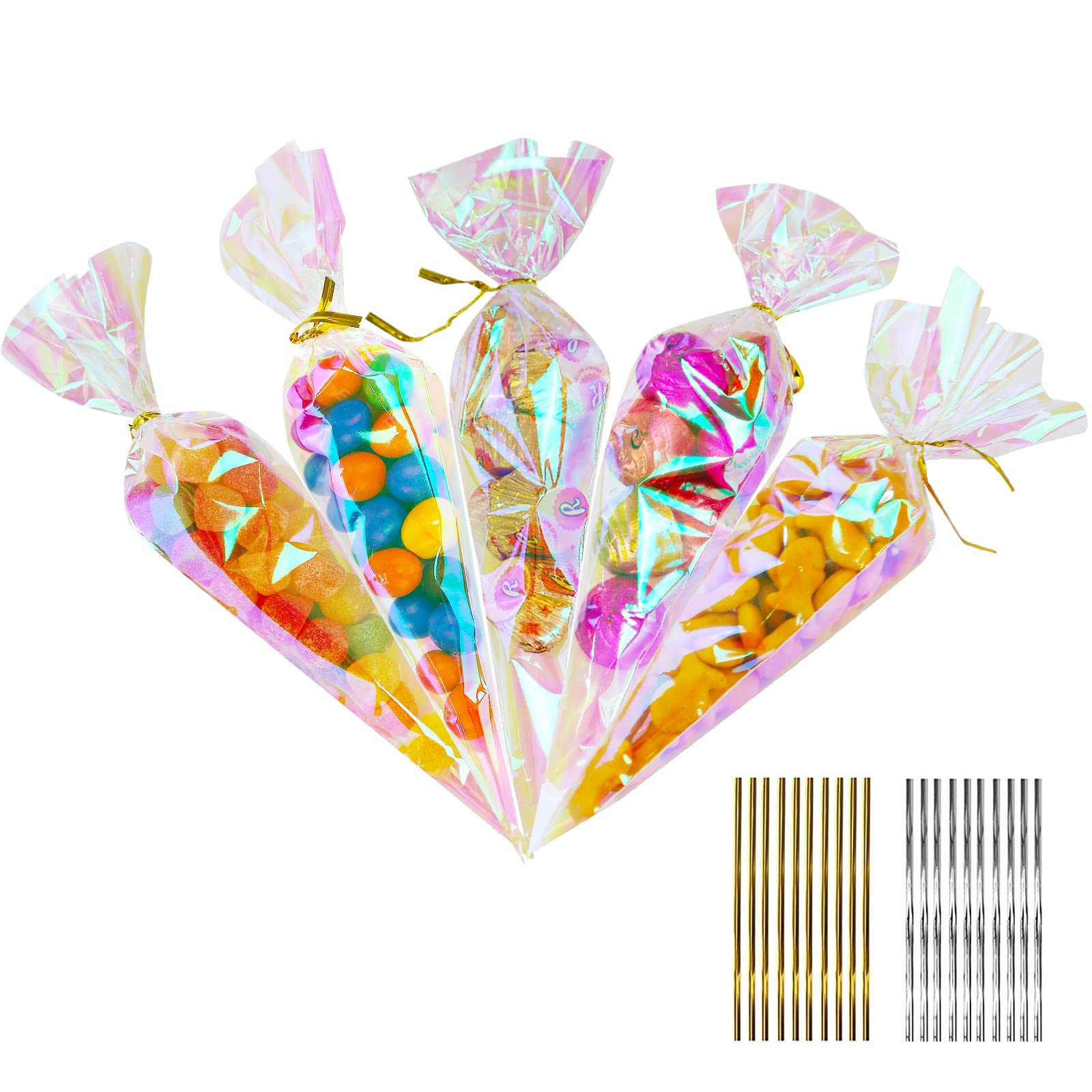 QTOP 50-Pack Iridescent Holographic Cellophane Treat Bags with Twist Ties - Clear Cone Goodie Bags for Birthday Party Favors, Valentines, Easter, Wedding Candy - Perfect for Gift Wrapping, Holiday Treats & Party Decorations