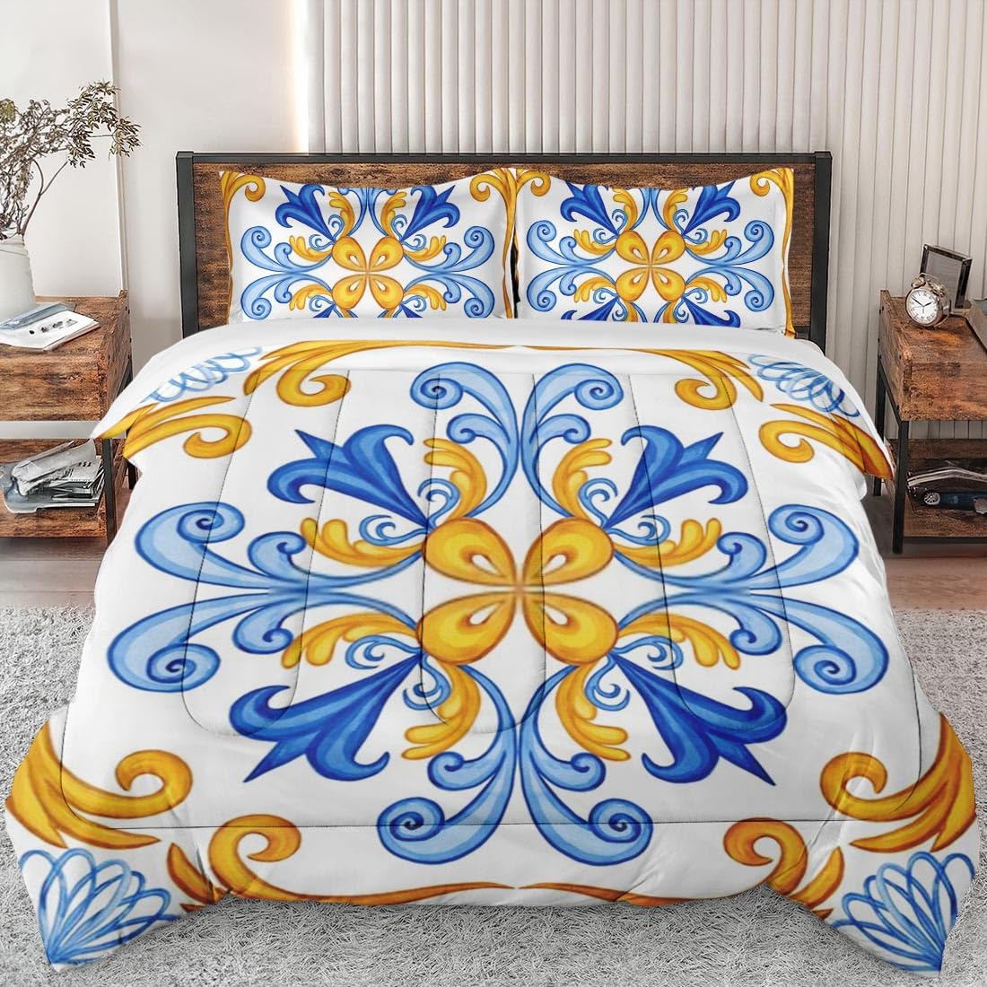 King Size Comforter Set - Blue & Yellow Ceramic Moroccan Soft Bedding for Kids & Adults | Vintage Mandala Pattern with 2 Pillowcases | Perfect for Bedroom Decor, Guest Room & Cozy Home Styling