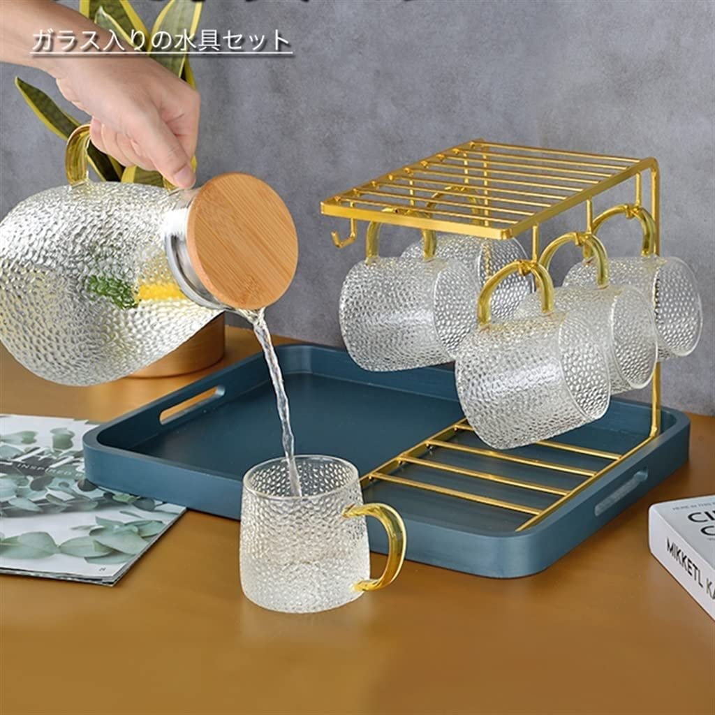 Sturdy Hammer Pattern Glass Cup Set with Handle - 4-Piece Drinking Glasses & Tea Kettle for Home, Living Room, Kitchen - Perfect for Iced Tea, Coffee, and Beverage Serving (One Color)
