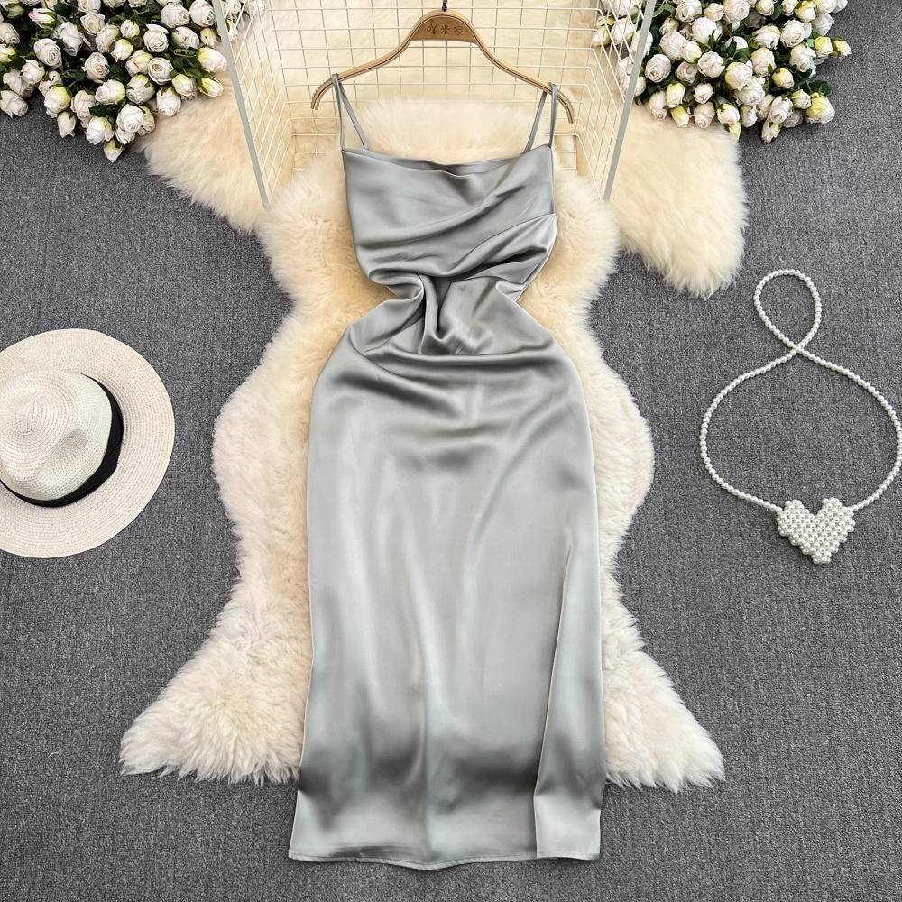 French Satin A-Line Spaghetti Strap Dress - Summer Sheath Skirt 930 | Elegant Sleeveless Party Cocktail Dress for Women | Perfect for Weddings, Date Nights & Beach Vacations