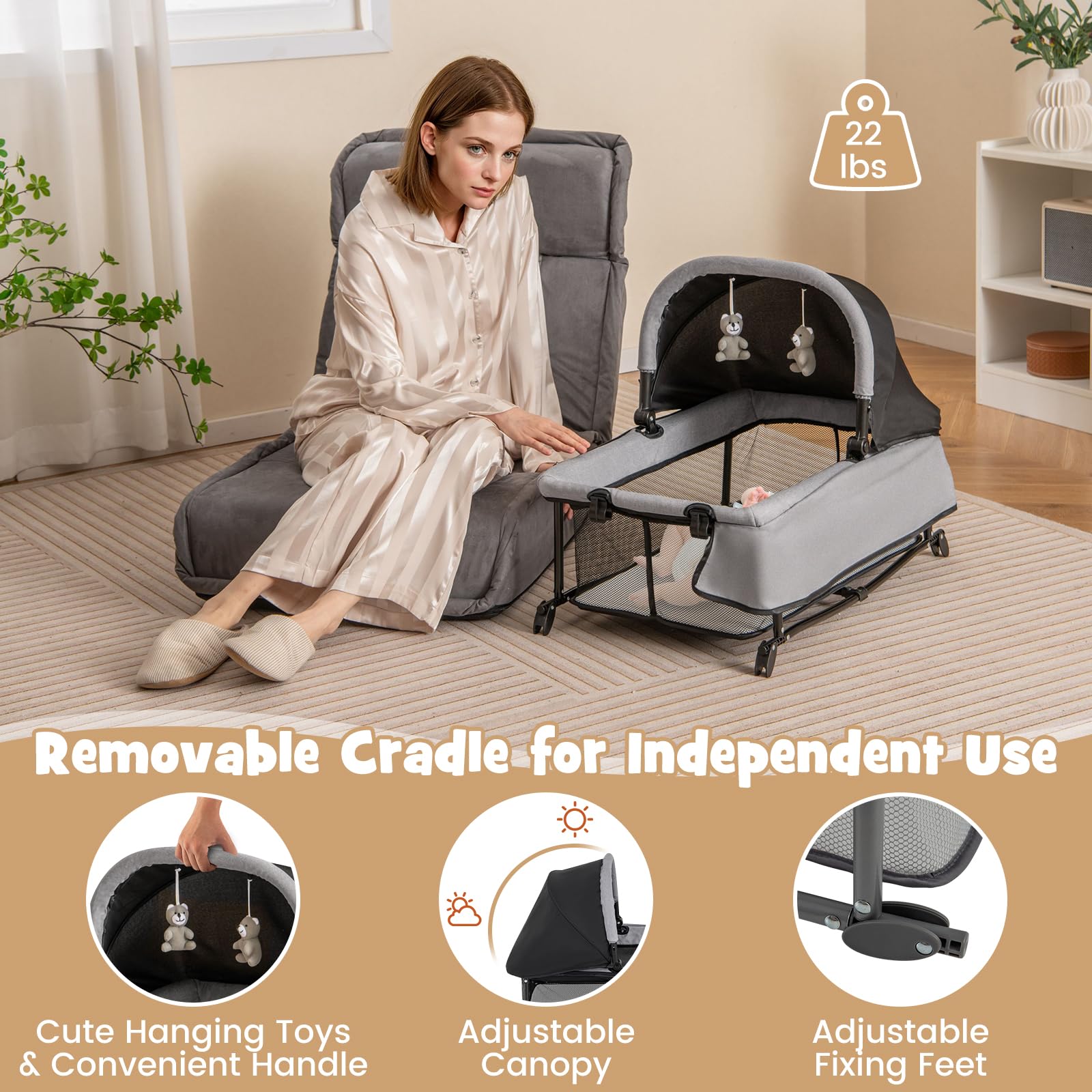 BABY JOY 4-in-1 Portable Baby Playard with Bassinet, Diaper Changing Table & Activity Center - Foldable Playpen with Toys & Storage Bag for Newborn to Toddlers (Dark Classic) | Perfect for Nursery, Travel & Indoor Outdoor Play