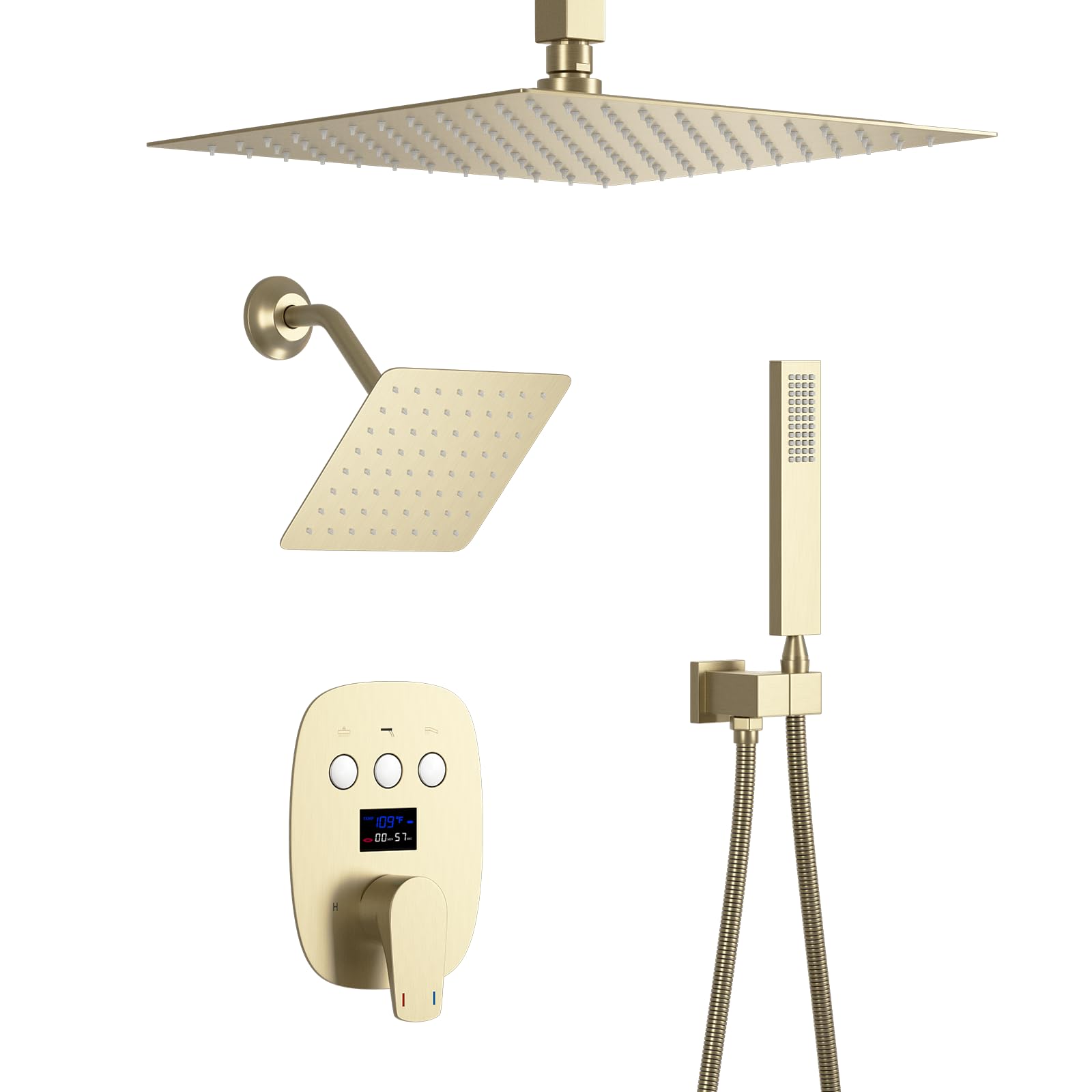 Brushed Gold Shower Head System - 12 Inch Ceiling Mount + 8 Inch Wall Mount Dual Shower Head Combo with Handheld Shower & Digital Display Faucet Set for Luxurious Bathroom Upgrade | Perfect for Master Bath, Spa-Like Experience & Modern Home Renovation