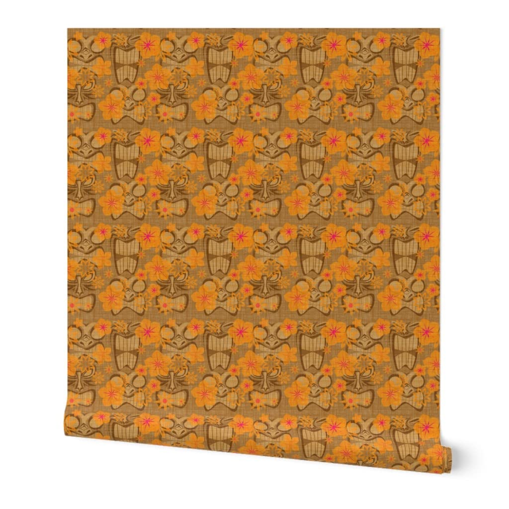 Retro Hibiscus Beach Tropical Hawaii Tiki Vintage Floral Orange Peel & Stick Wallpaper Swatch - Custom Removable Wallpaper by Spoonflower - Perfect for Bedroom, Bathroom, Kitchen & Nursery Decor