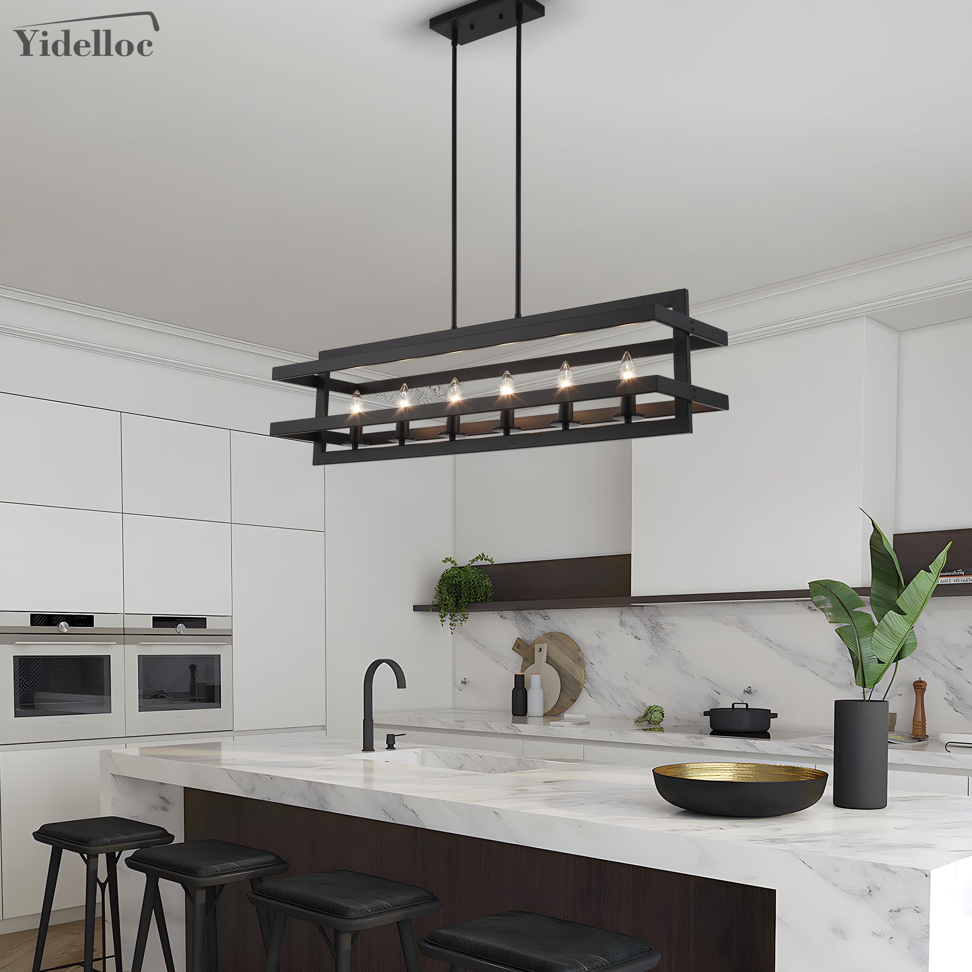 Modern Black Rectangle Chandelier - 6-Light Farmhouse Pendant Lighting for Kitchen Island, Dining Room & Living Room | Rustic Cage Design for Home Decor