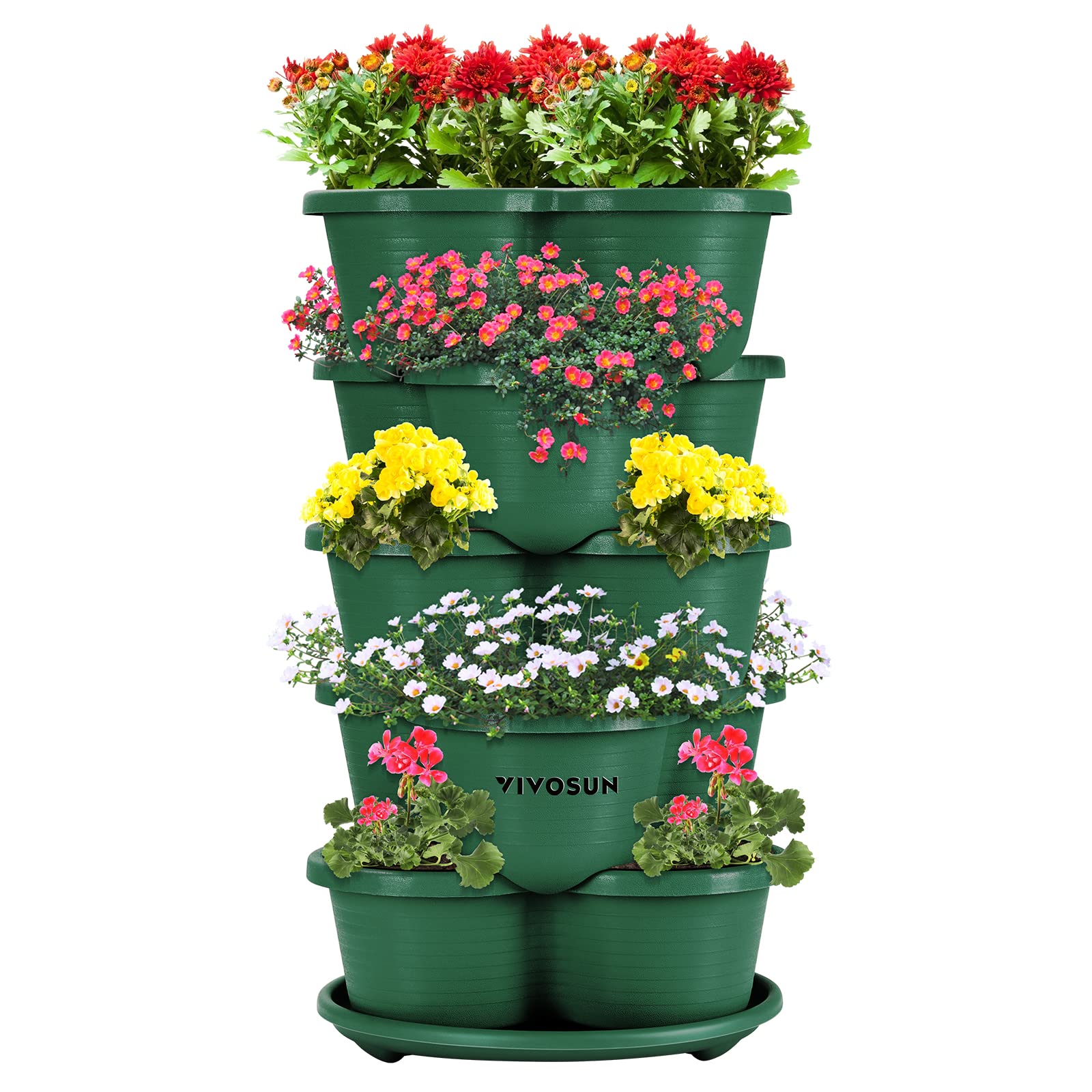 VIVOSUN 5-Tier Stackable Vertical Garden Planter for Strawberries, Flowers, Herbs, Vegetables - Space Saving Indoor/Outdoor Gardening Solution - Perfect for Balcony, Patio, Small Spaces (Dark Green)