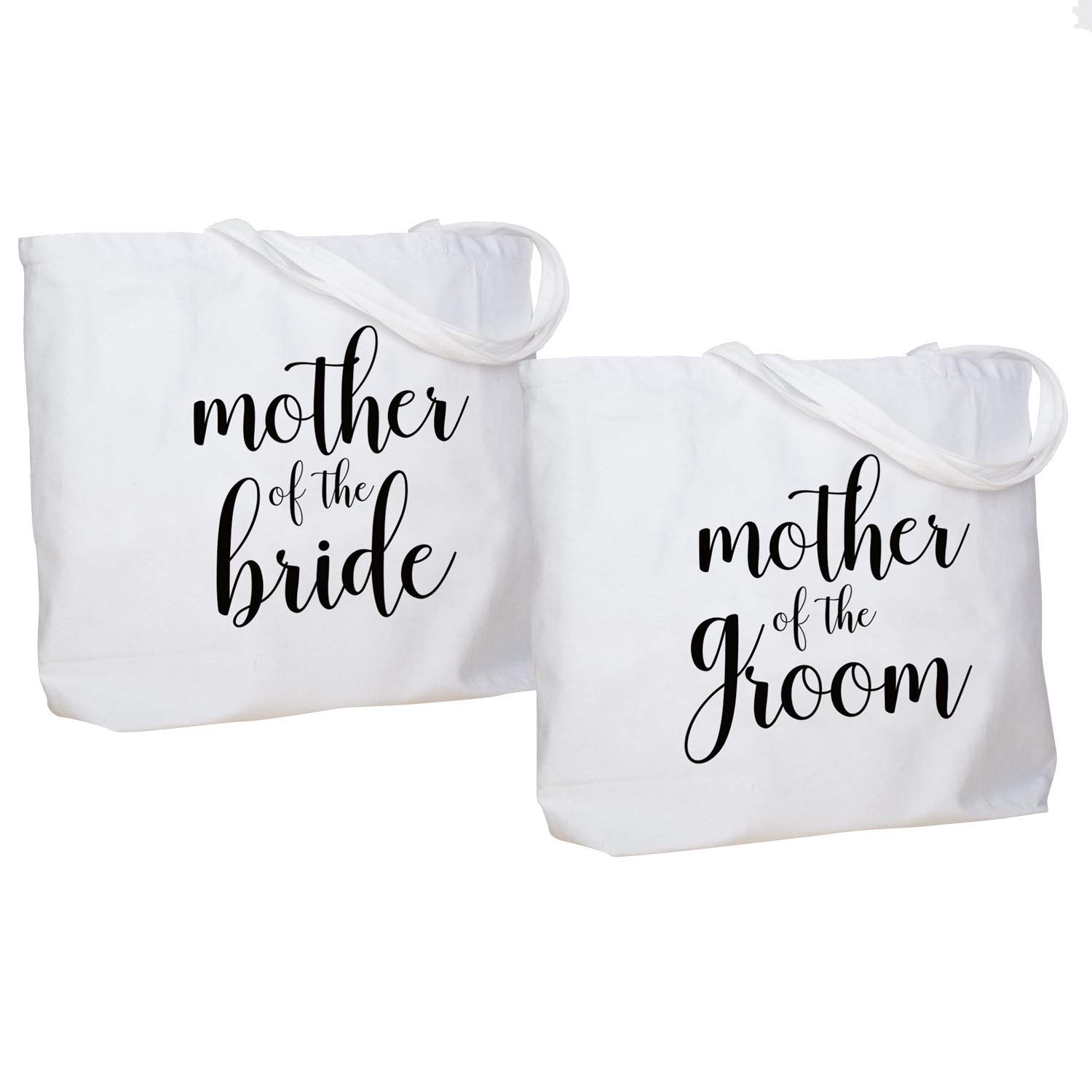 ELEGANTPARK Mother of the Bride & Groom Jumbo Tote Bag - 100% Cotton Wedding Gift Tote with Interior Pocket (White with Black Script, 2-Piece Set) - Perfect for Bridal Showers, Rehearsal Dinners & Wedding Day Essentials