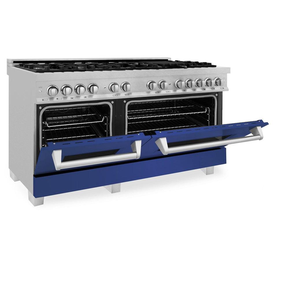 ZLINE 60-Inch 7.4 cu.ft Dual Fuel Range with 9-Burner Gas Cooktop & 2 Electric Convection Ovens - Satin Stainless Steel with Blue Matte Doors (RAS BM 60) for Professional Home Kitchens and Gourmet Cooking