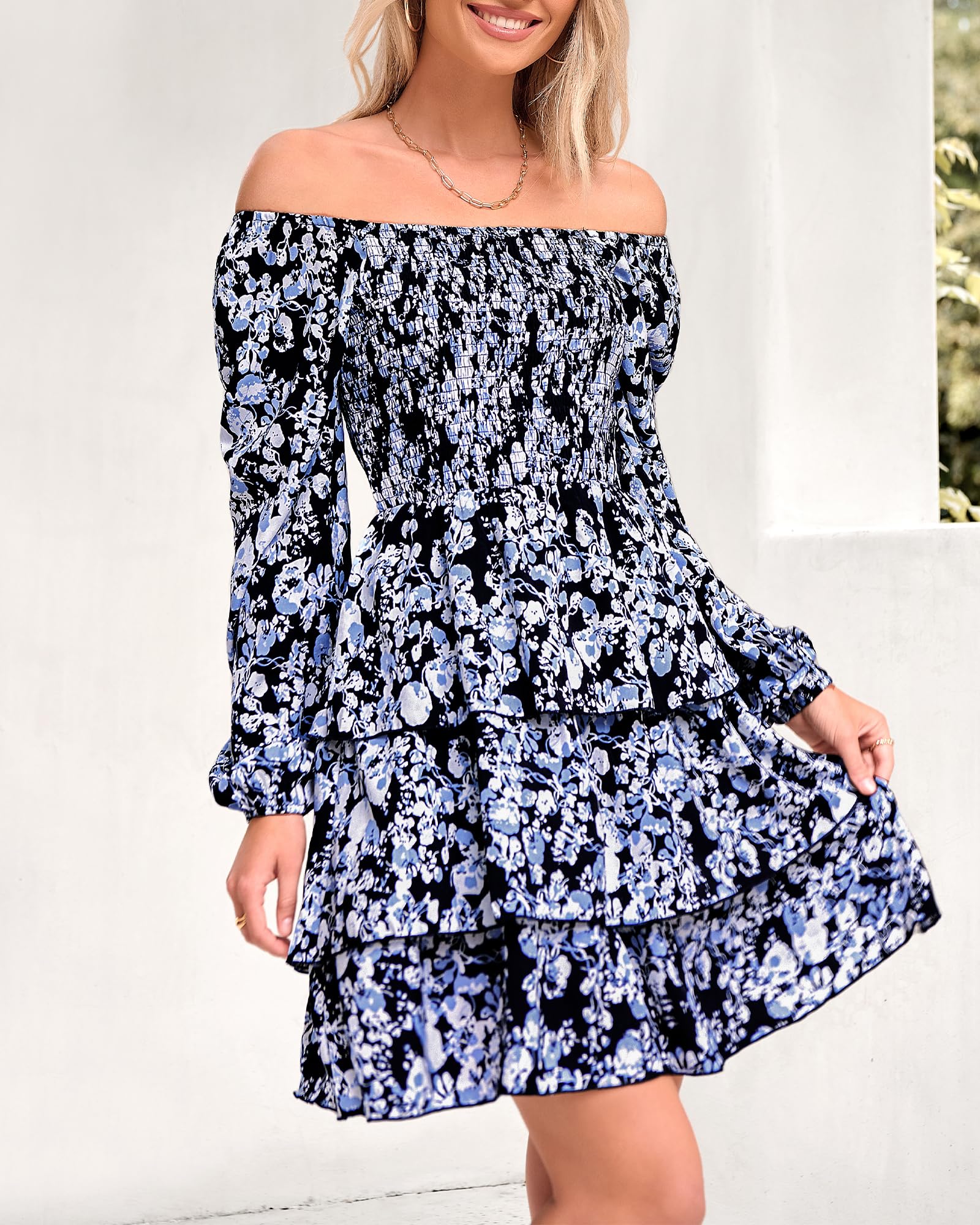 BTFBM Women's Square Neck Smocked Floral Swiss Dot Mini Dress - Long Sleeve Boho Wedding Guest Dress for Spring & Summer 2025 | Perfect for Garden Parties, Bridal Showers & Casual Events