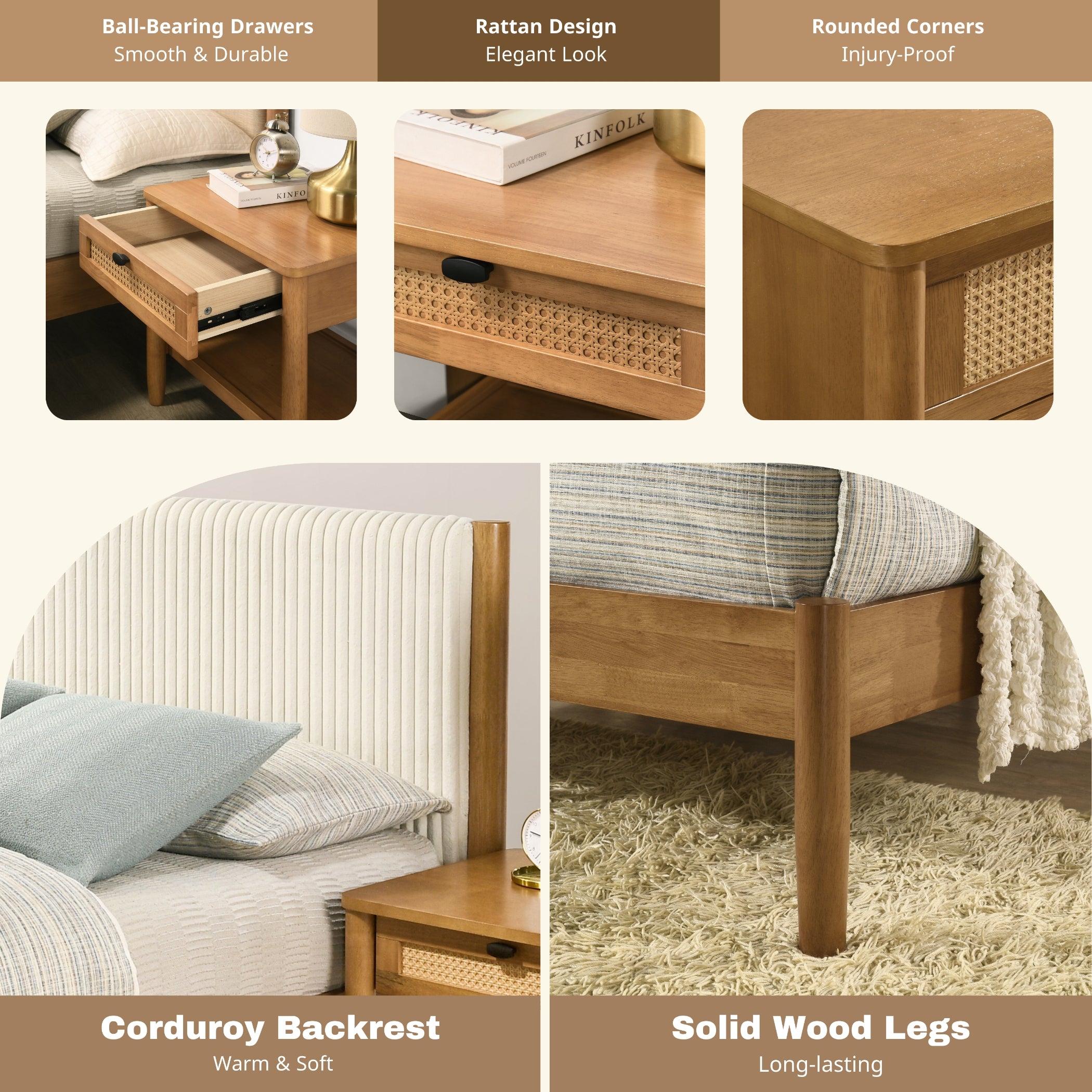 Roundhill Furniture Vichy 3-Piece Rubberwood Bedroom Set - Queen Size Platform Bed with 2 Nightstands for Modern Bedroom | Solid Wood Frame, Minimalist Design | Perfect for Master Bedroom, Guest Room & Small Spaces
