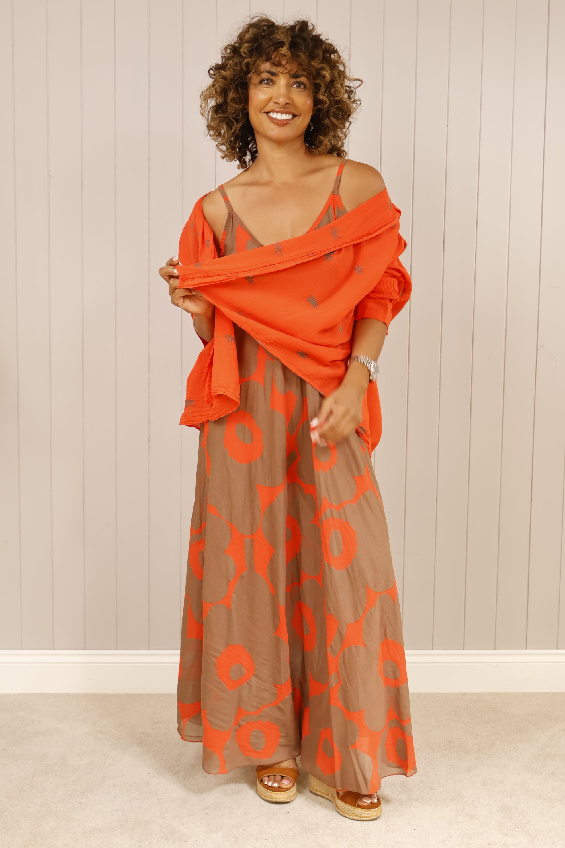 Orange Palm Print Blouse for Women - Trendy Floral Summer Top - Perfect for Beach Vacation, Date Night & Casual Outings