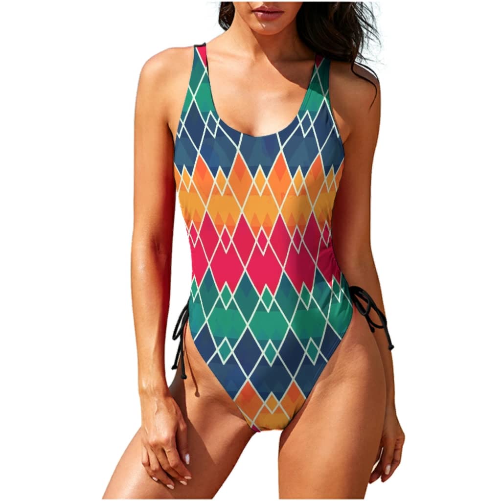Vintage Geometric One Piece Swimsuits for Women - Tummy Control High Waist Bathing Suits, Push Up Padded Monokini Swimwear - Perfect for Beach Vacation, Pool Party & Summer Sports Activities