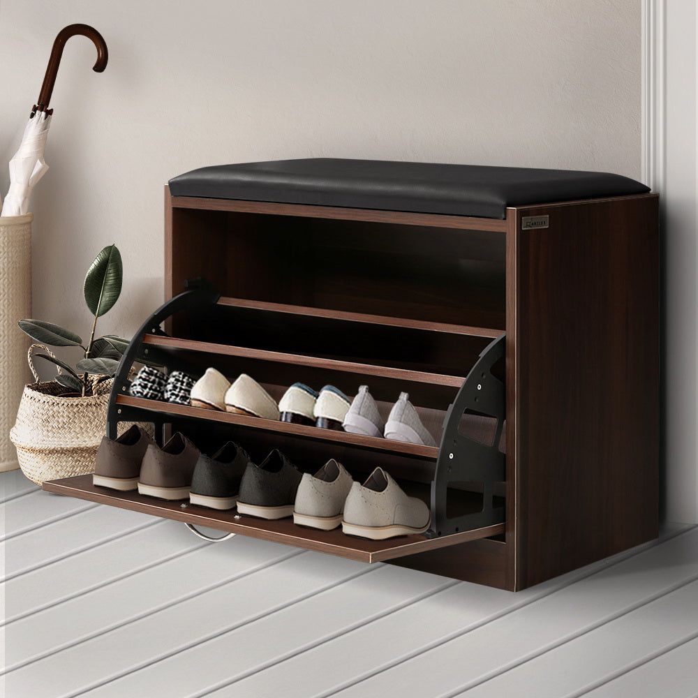15-Pair Walnut Shoe Bench Cabinet - Entryway Shoe Storage Organizer for Hallway, Mudroom & Closet Organization