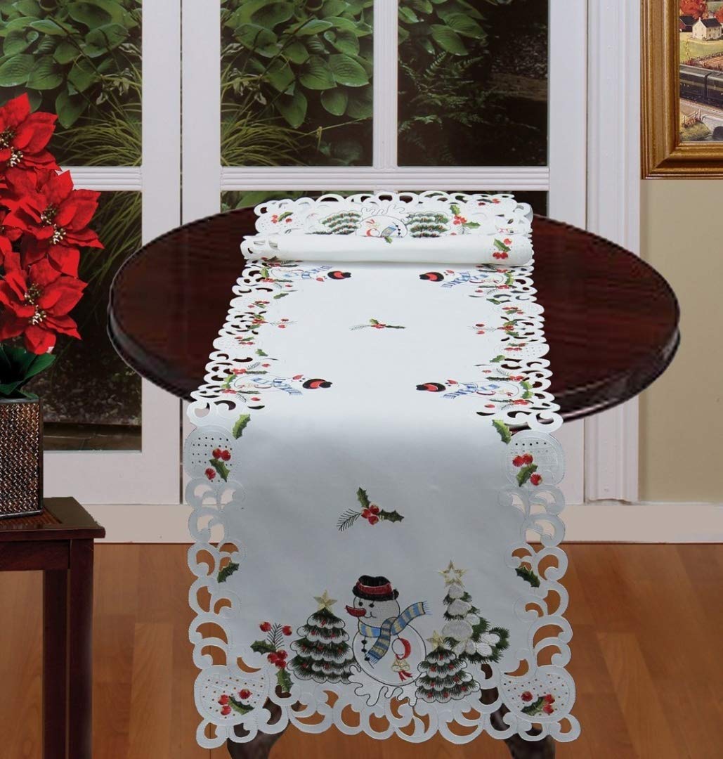 Holiday Embroidered Snowman and Christmas Tree Table Runner - 15x69 Inch White Dresser Scarf for Christmas Decorations, Winter Table Setting, and Festive Home Decor