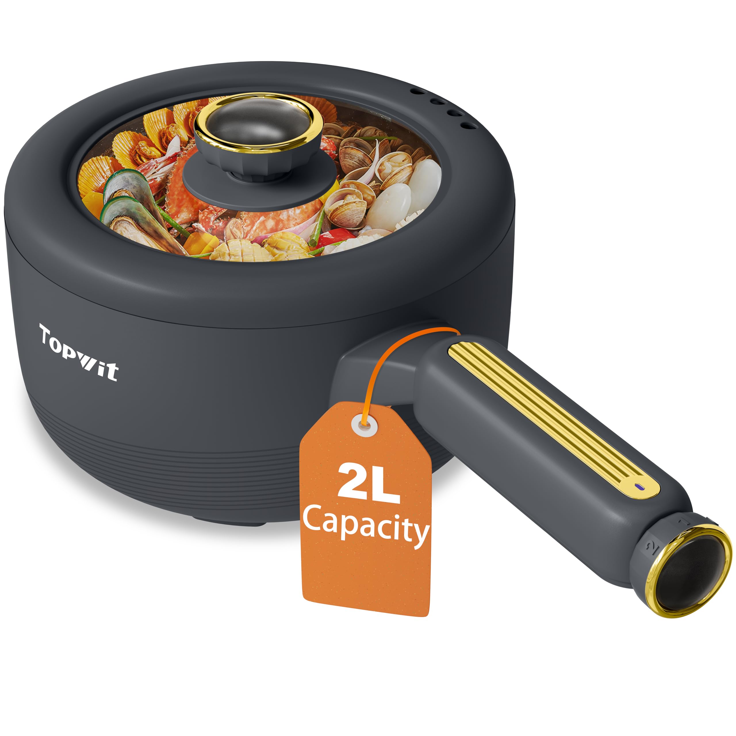 TOPWIT 2L Electric Hot Pot with Non-Stick Coating - Dual Power Control Portable Cooker for Steak, Eggs, Fried Rice, Ramen & Soup - Includes Silicone Spatula (Grey) | Perfect for Dorm Rooms, Office Lunches, Camping & Small Kitchen Cooking