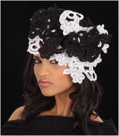 BW2436 Women's Straw Hat with Hand-Beaded Lace - Black & White Summer Beach Hat for Outdoor, Wedding, and Vacation Accessories