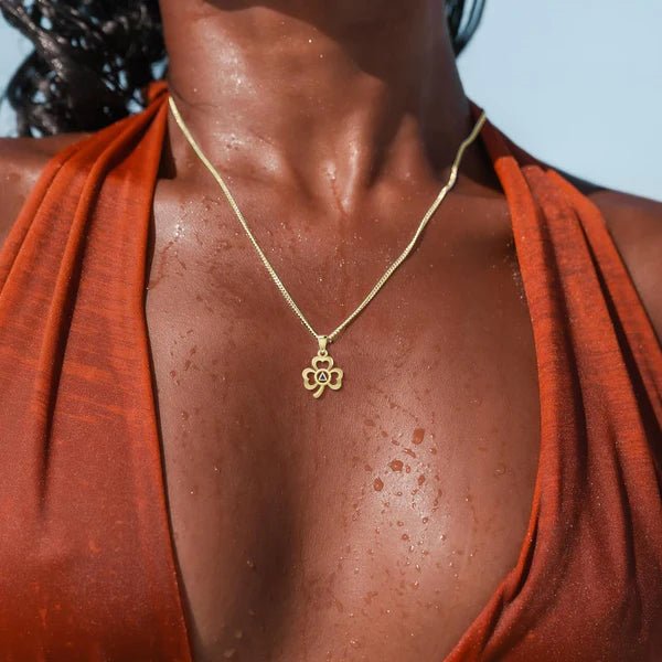Celtic Shamrock 14K Yellow Gold Pendant with Inlaid Recovery Symbol - Irish Jewelry for Women, St. Patrick's Day Gift, Recovery & Sobriety Necklace