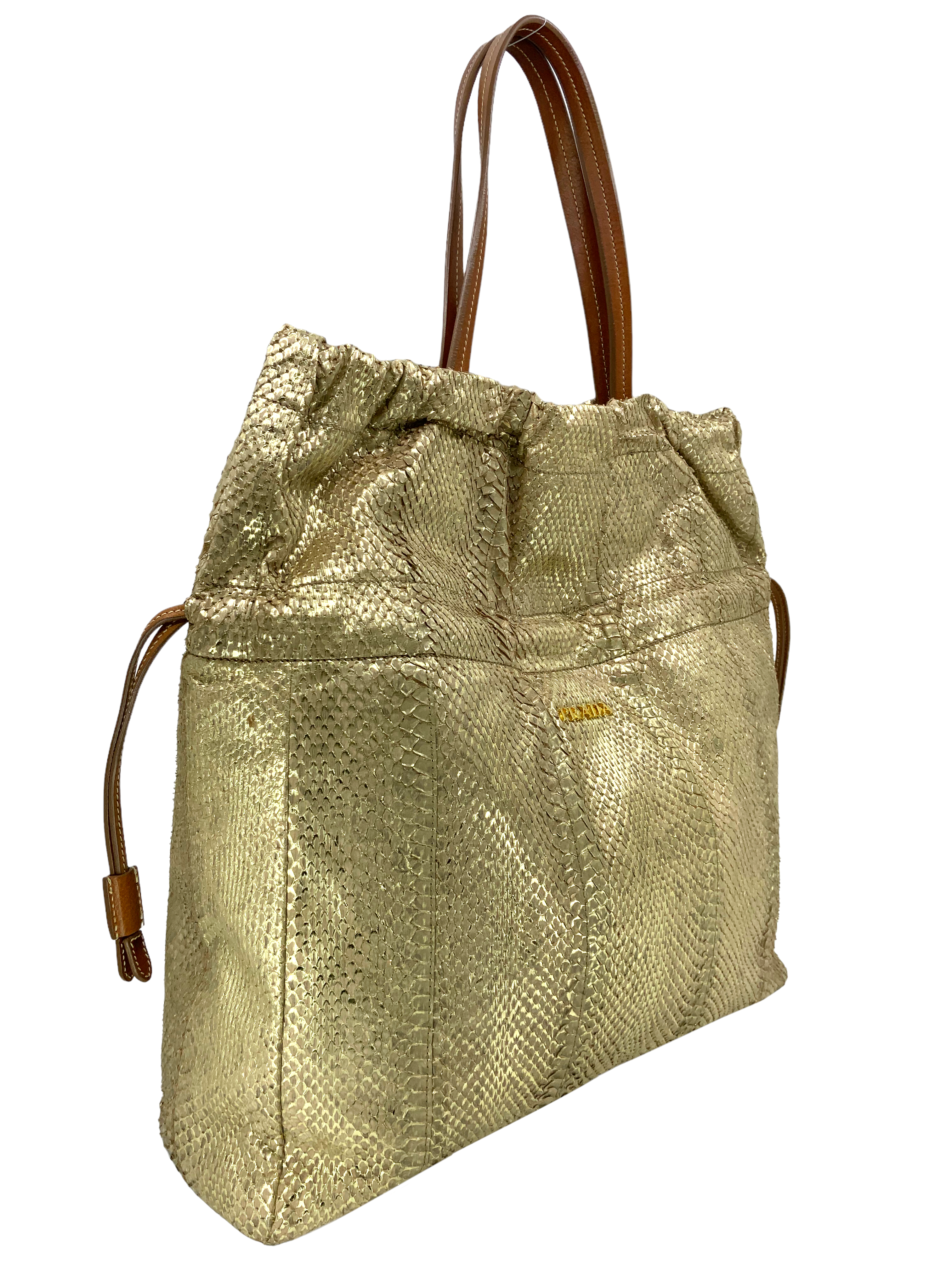 Prada Oro Viper Drawstring Shopping Tote Bag - Luxury Designer Handbag for Women | Perfect for Work, Travel & Everyday Use