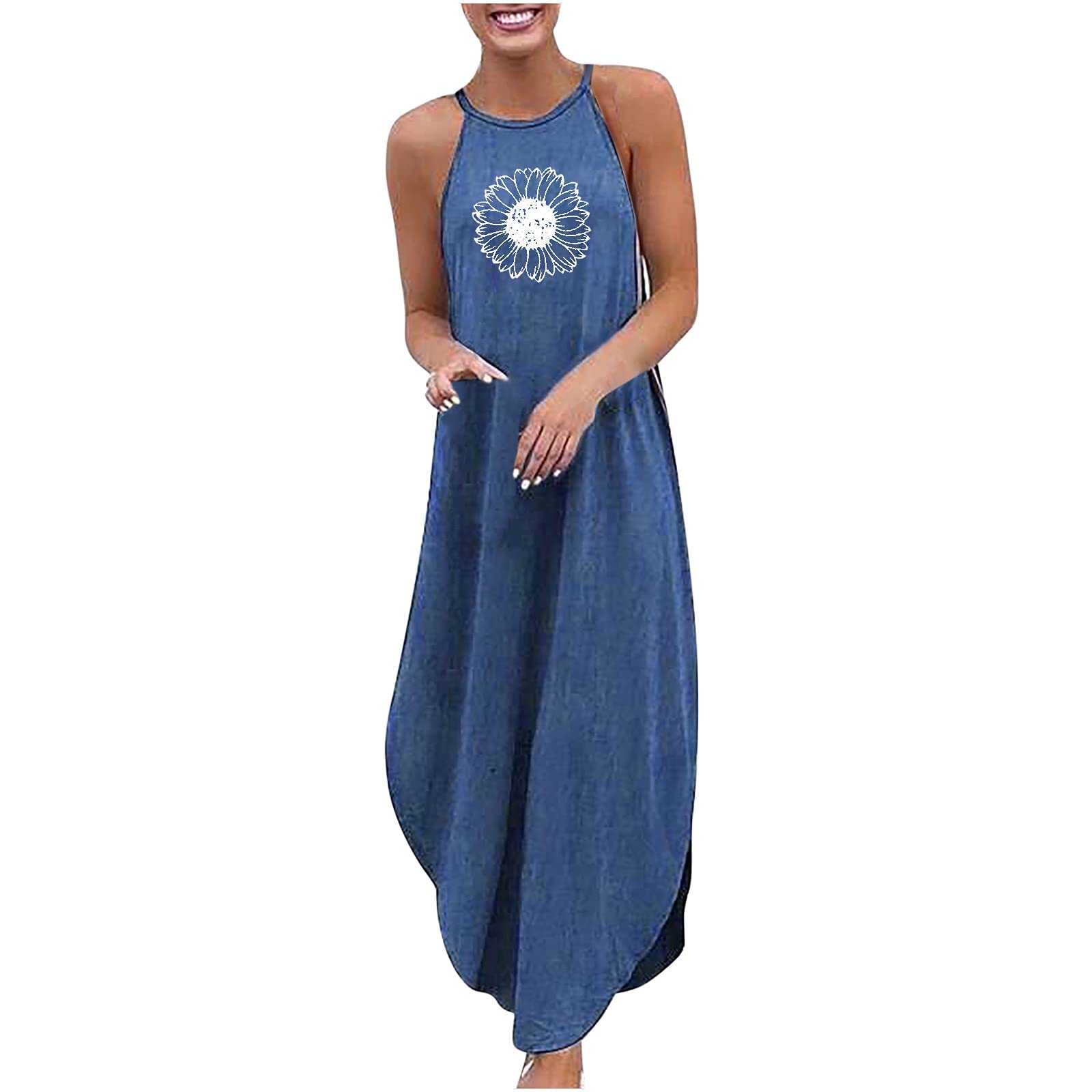Women's Summer Halter Neck Maxi Denim Dress - Casual Sleeveless Floral Print Sundress for Beach, Cocktail Parties & Vacation Wear | Breathable Comfort Fit for Hot Weather