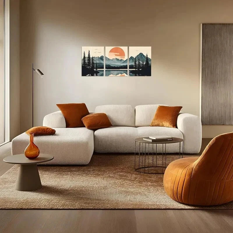 3pcs Bohemian Sunset Lake & Pine Trees Metal Wall Art - Ready to Hang Landscape Prints for Living Room, Bedroom & Office Decor
