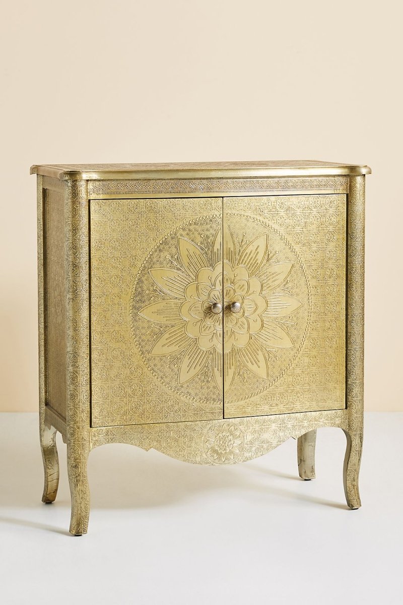 Hand Embossed Lotus Entryway Cabinet - Antique Brass Metal Console Table for Hallway, Living Room & Foyer Decor